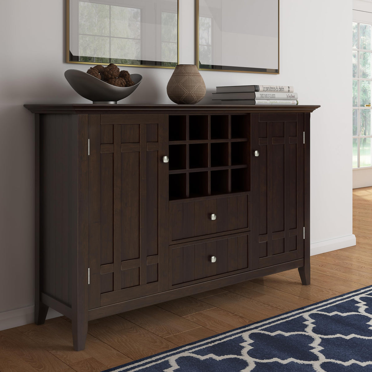 SIMPLIHOME Bedford 54" Wide Solid Wood 2-Door Buffet in Dark Chestnut