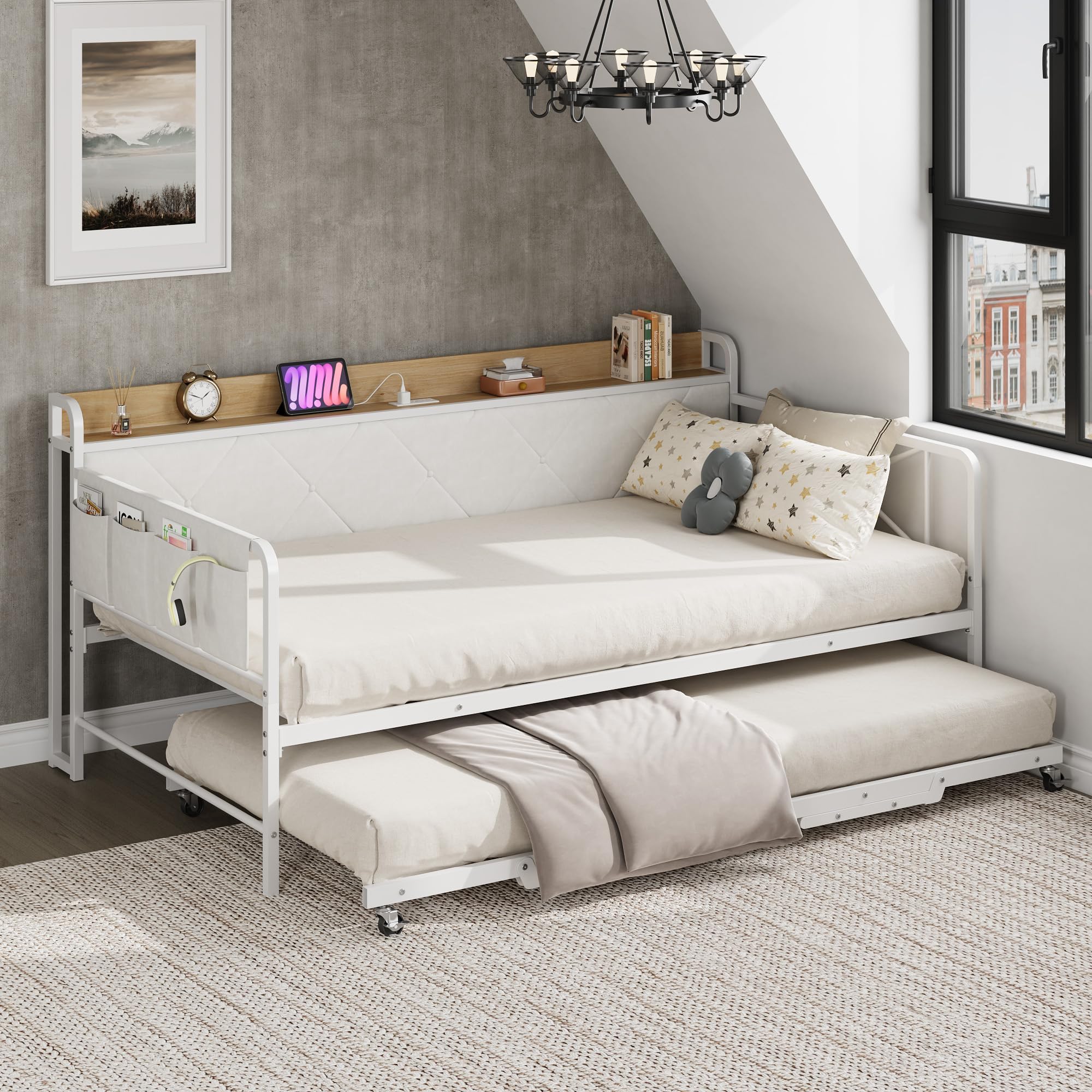 Twin Daybed with Trundle, LED Light & Charging Station