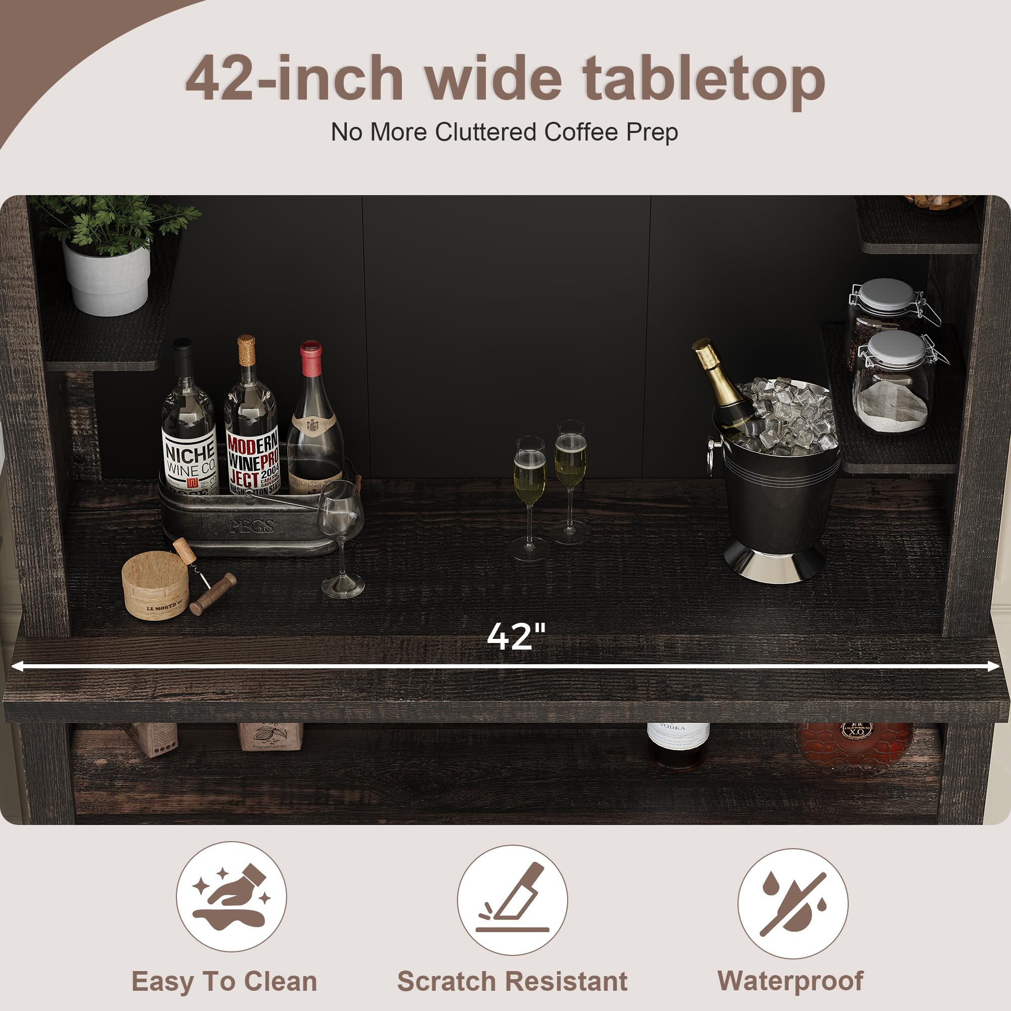 GarveeHome Coffee Bar Cabinet with LED Lights,72 '' Tall Buffet Cabinet with Storage,Farmhouse Kitchen Sideboard Tall Coffee Hutch with Microwave Stand/Wine Rack/Glass Shelf Dining Room(Oak)