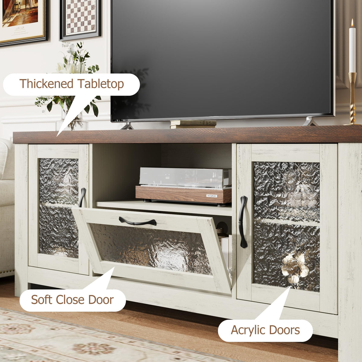 Garvee Farmhouse White & Brown TV Stand for 65 Inch TV for Living Room