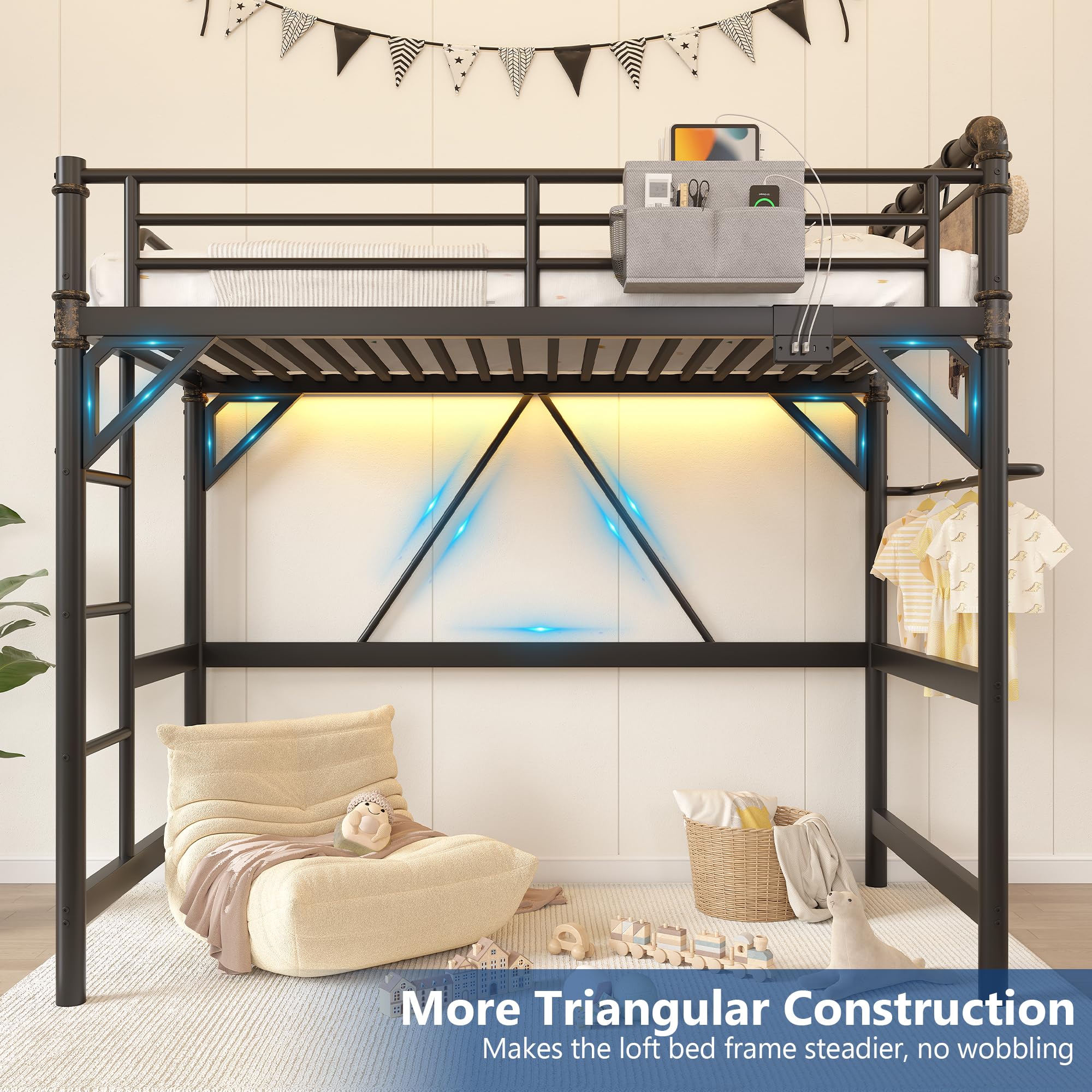 Twin Loft Bed with RGB LED Lights & Charging Station