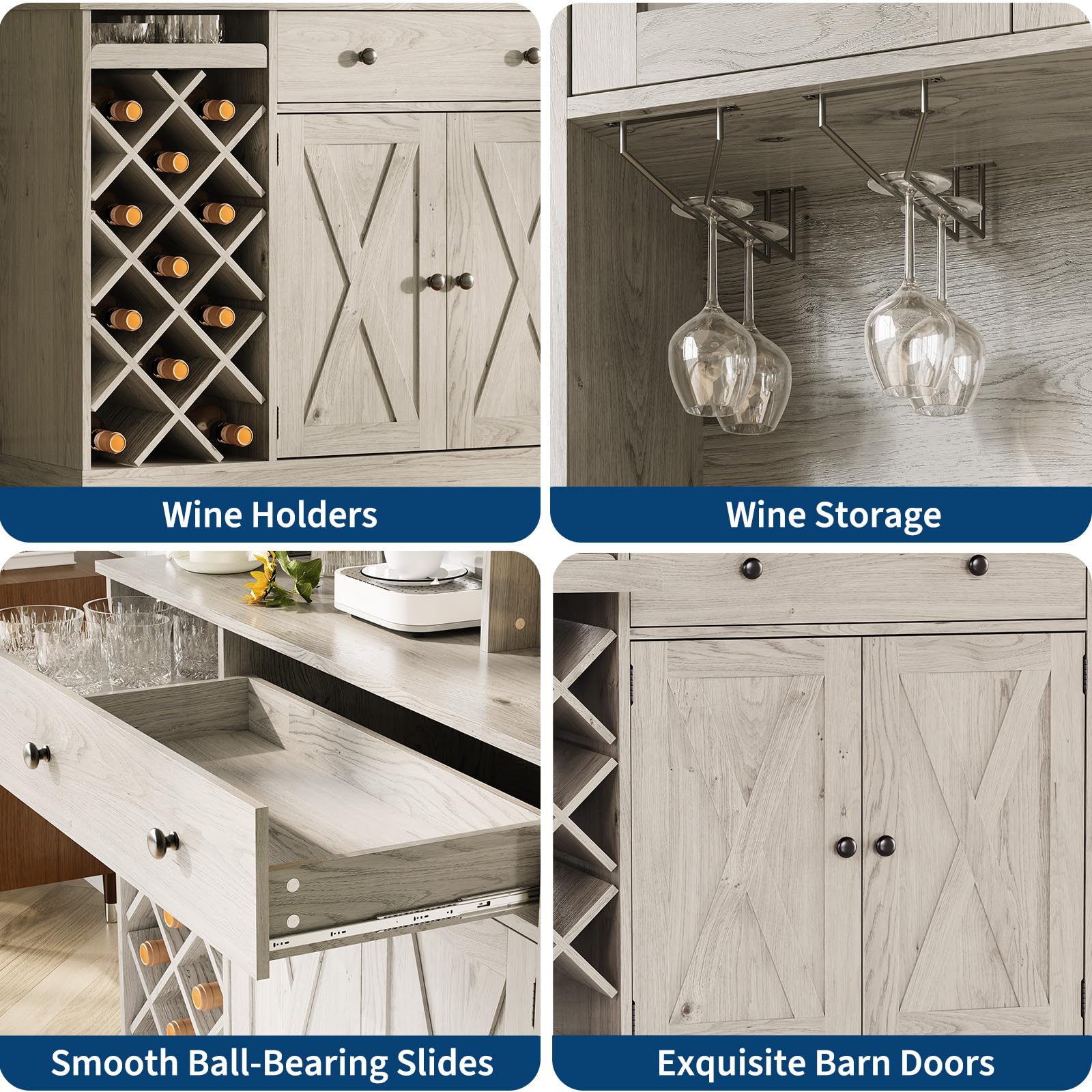 GarveeLife Tall Wine & Coffee Bar Cabinet – Modern Sideboard Buffet, Barn Doors, Storage Hutch, Power Outlets, Glass Holder, Wine Rack – for Dining Room, Kitchen, or Living Room – Grey