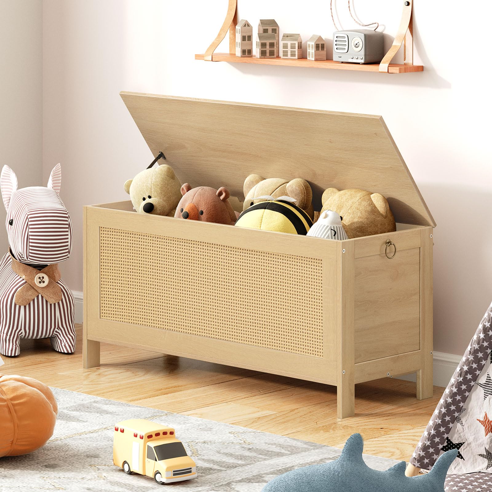 Storage Bench with Faux Rattan Lid & Safety Hinge