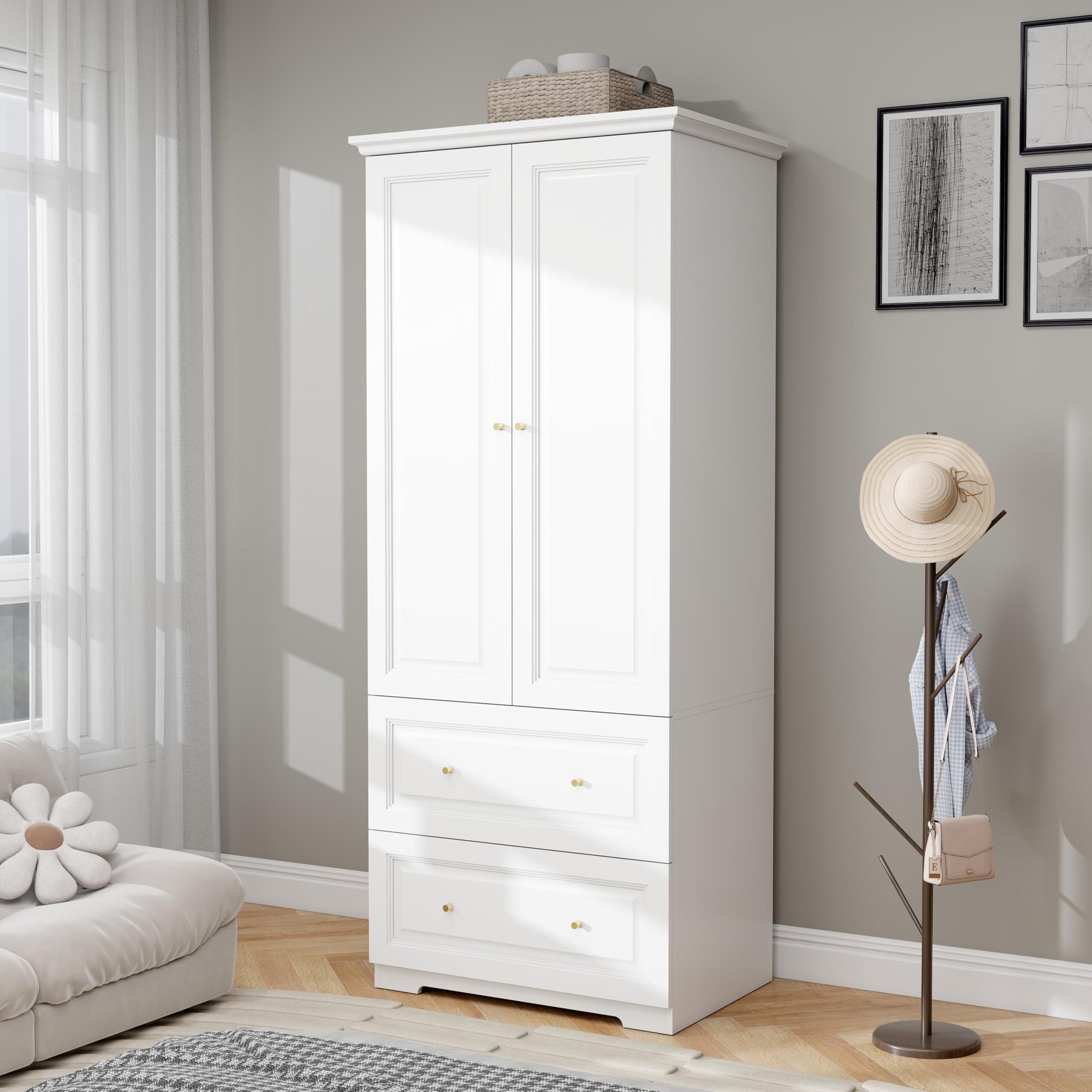 LABROSKIA White Wardrobe with 2 Drawers: 74" Wooden Wardrobe Closet for Hanging Clothes, Tall Armoire Closet with 2 Doors, Bedroom Armoires with Hanging Rod (32")