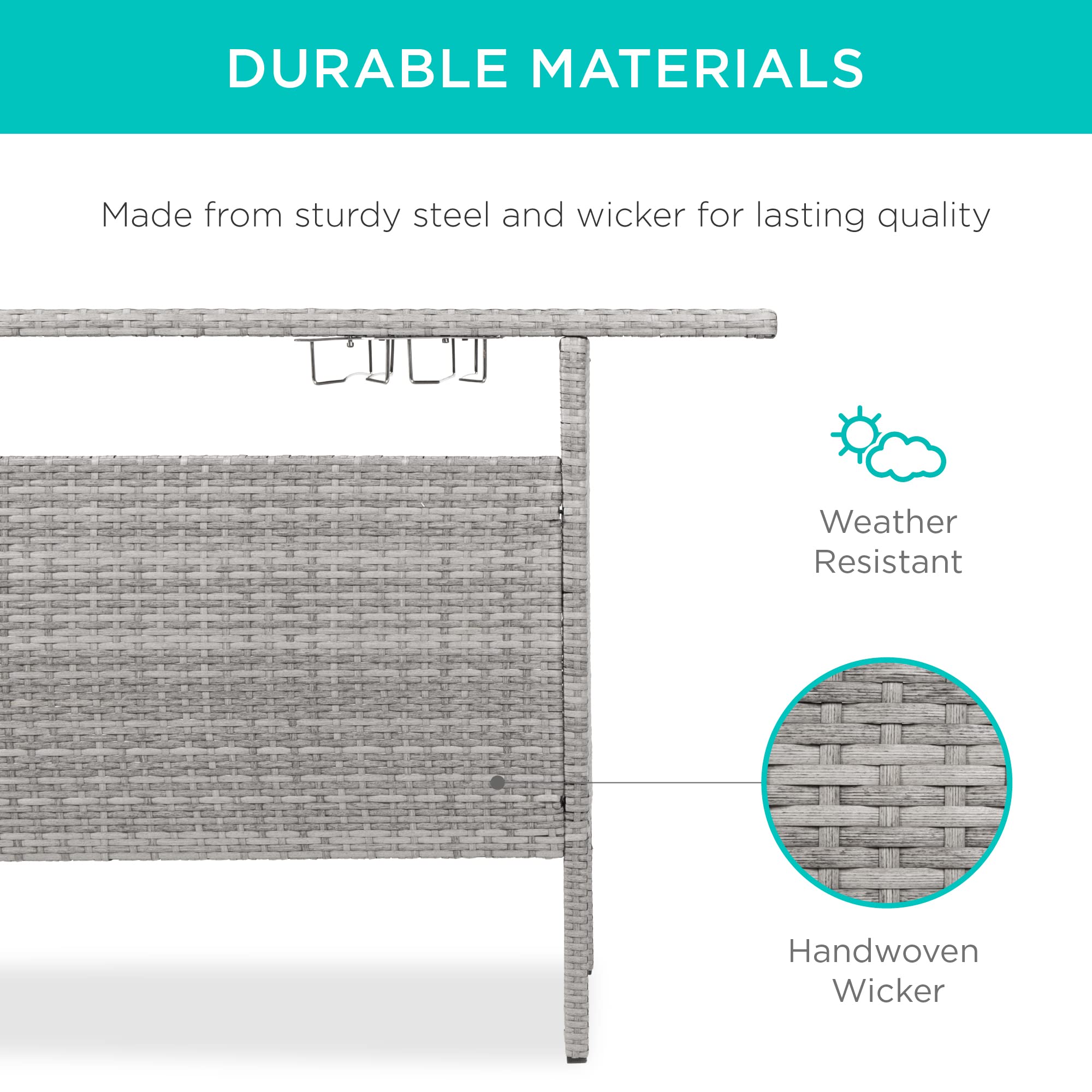 Best Choice Products Outdoor Patio Wicker Bar Counter Table Backyard Furniture w/ 2 Steel Shelves and 2 Sets of Rails - Gray