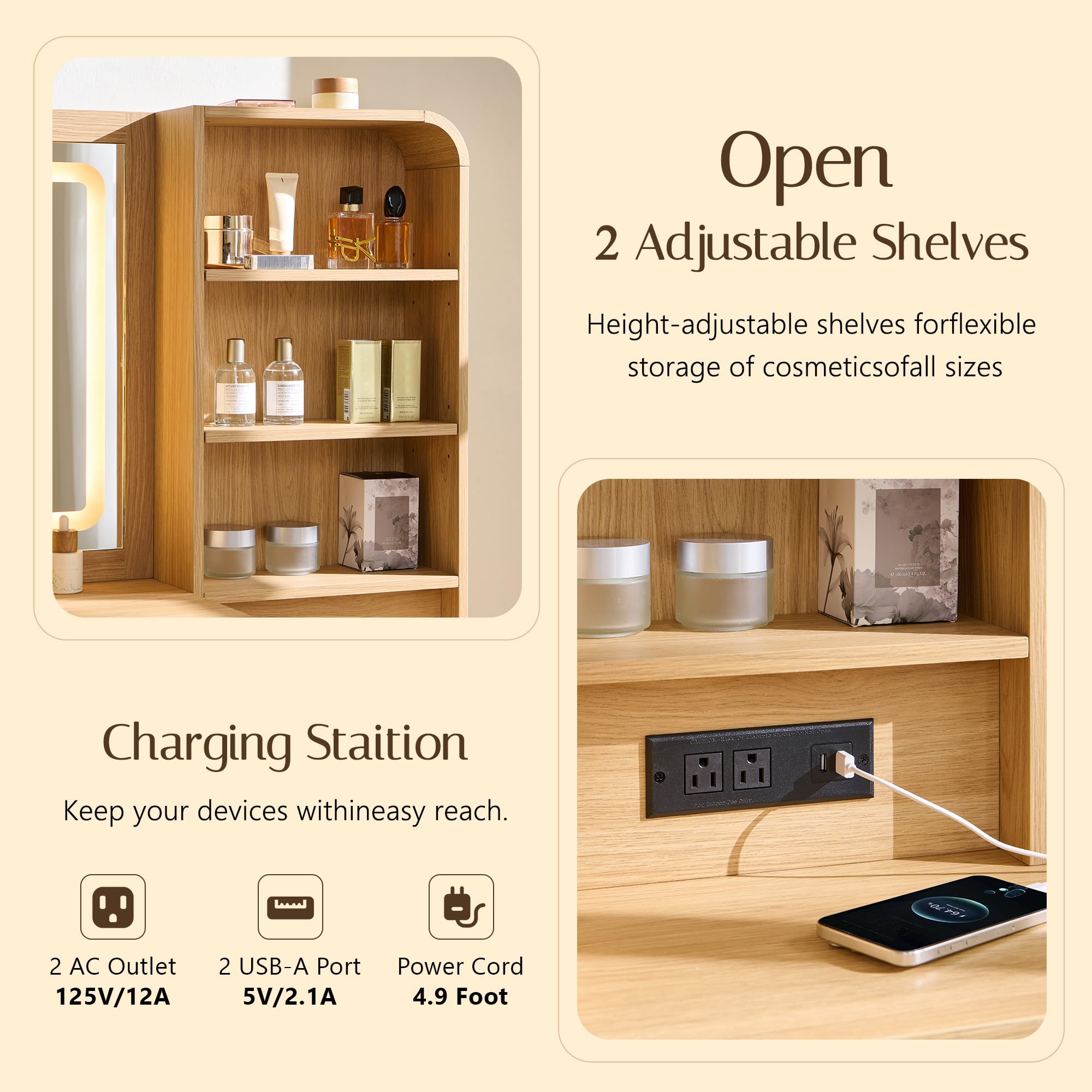 Aitjunz Vanity Desk with Mirror and Lights, 50” Modren Makeup Vanity with 35.43" Mirror and 5 Drawers, Makeup Table with Charging Station for Women and Girls, Bedroom (Natural)