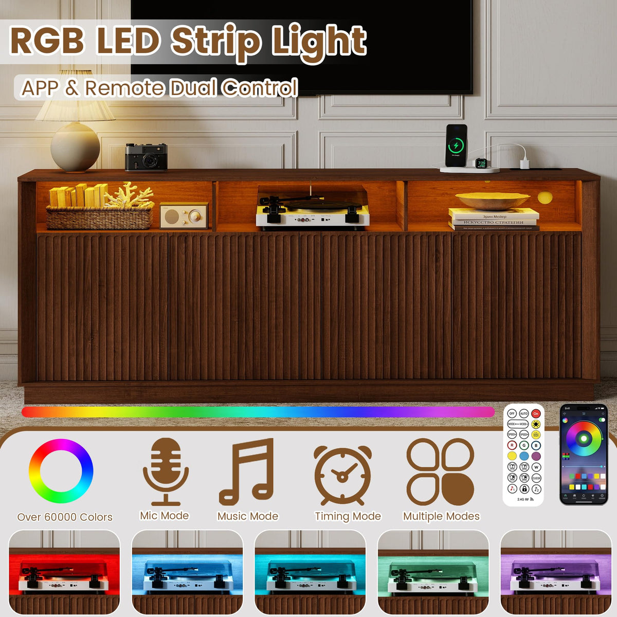 70" Fluted TV Stand for TVs up to 80" with LED Lights Power Outlet, Walnut