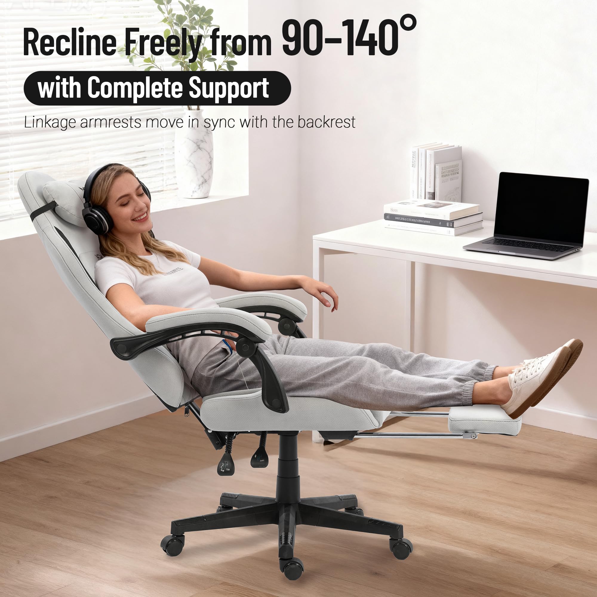 MEENICE Big and Tall Gaming Chair Fabric with Pocket Spring Cushion, High Back Heavy Duty Gaming Chairs for Adults with Massage Lumbar Support, Ergonomic Computer Chair with Footrest for 400LBS Gray