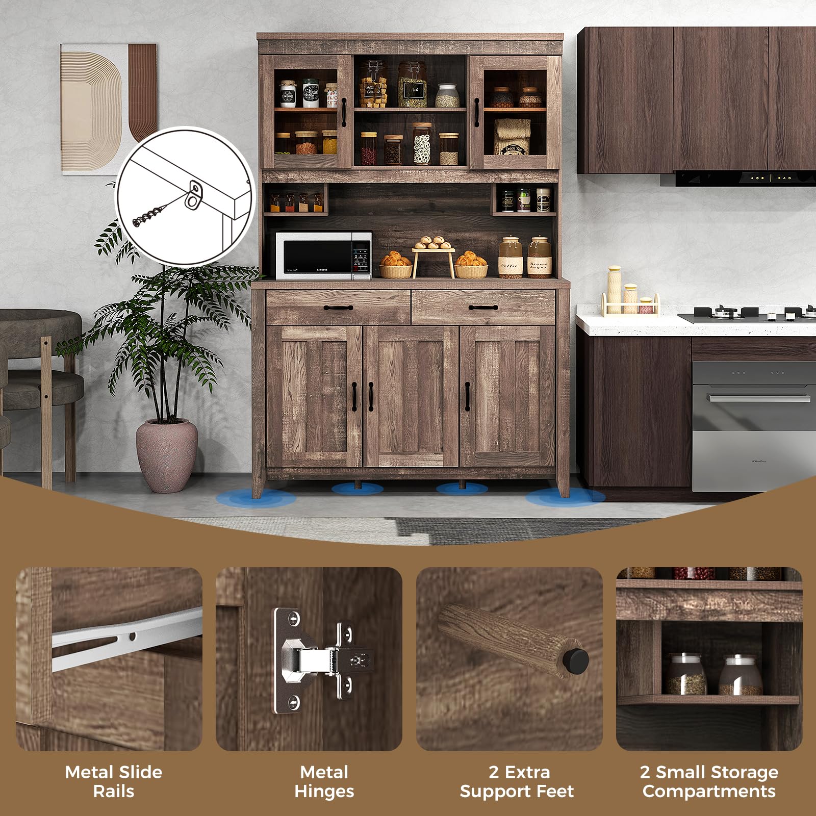 Tall Kitchen Hutch Storage Cabinet with Glass Doors & Microwave Shelf