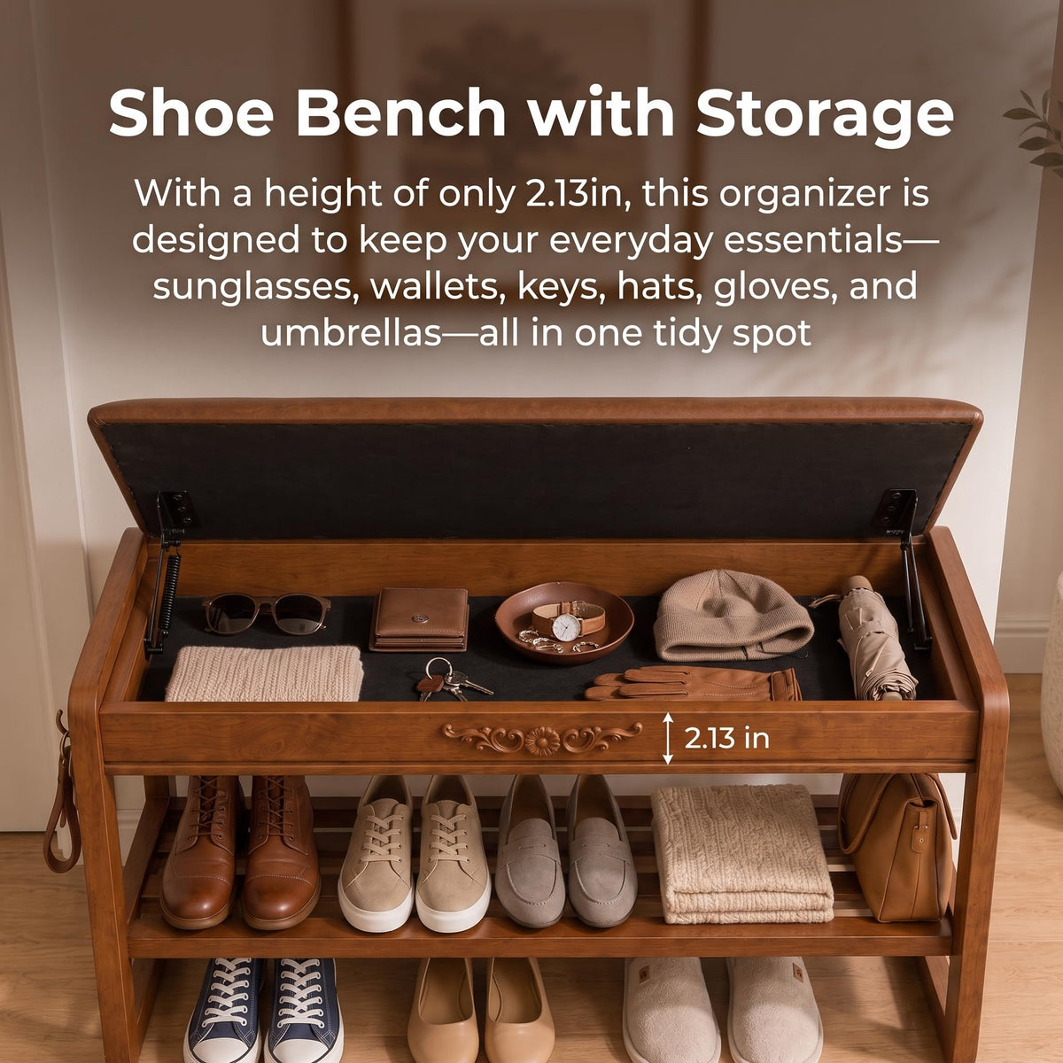 Solid Wood Shoe Rack Bench with Flip-Top Storage Padded Leather Seat 31.5''