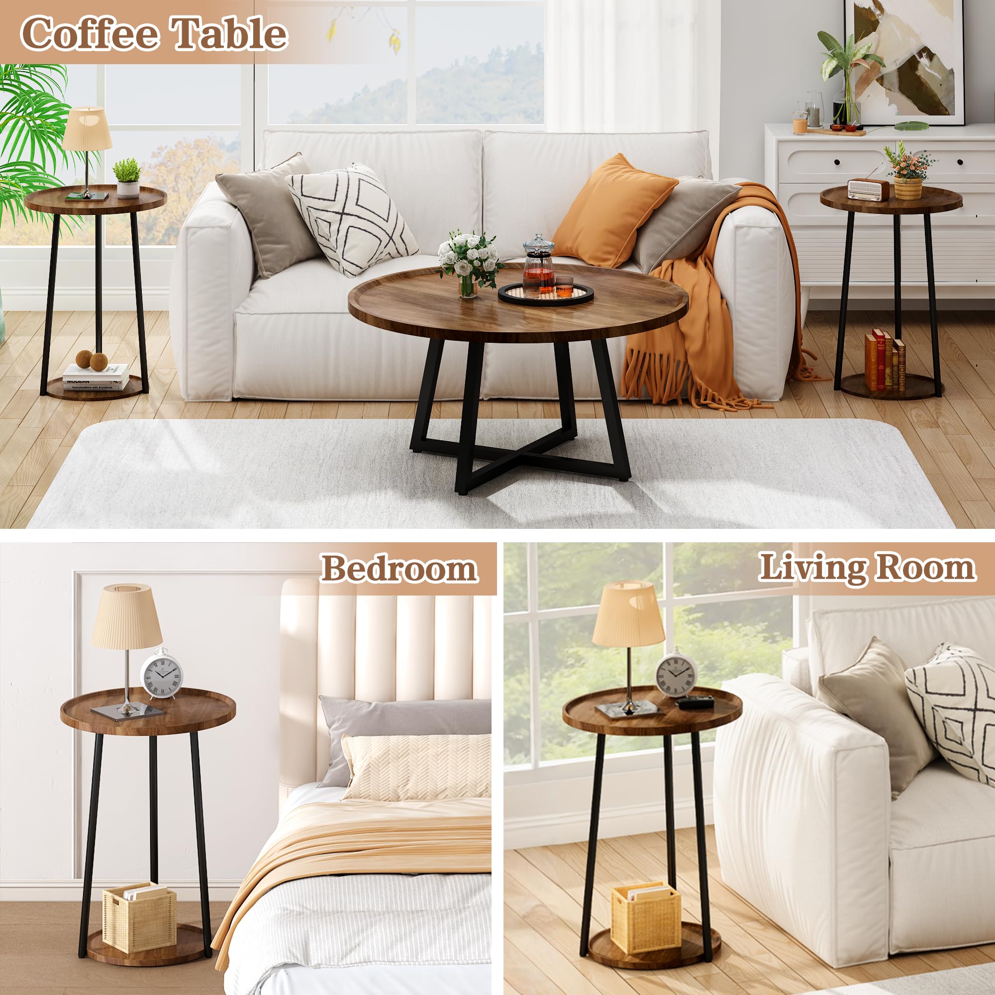 3-Piece Round Coffee Table & End Table Set – Vintage Industrial, Brown