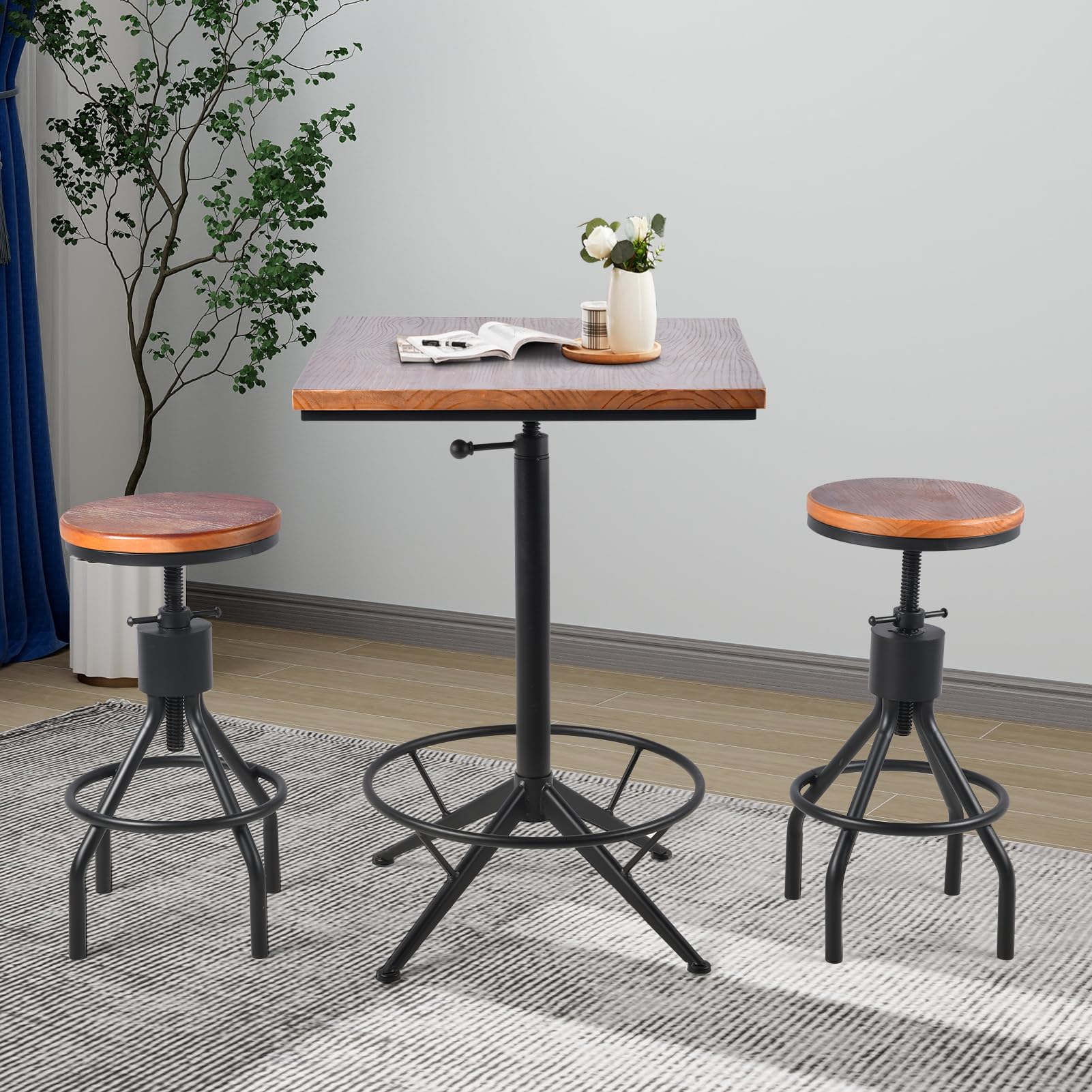 Industrial Bar Table & 2 Swivel Stools Set