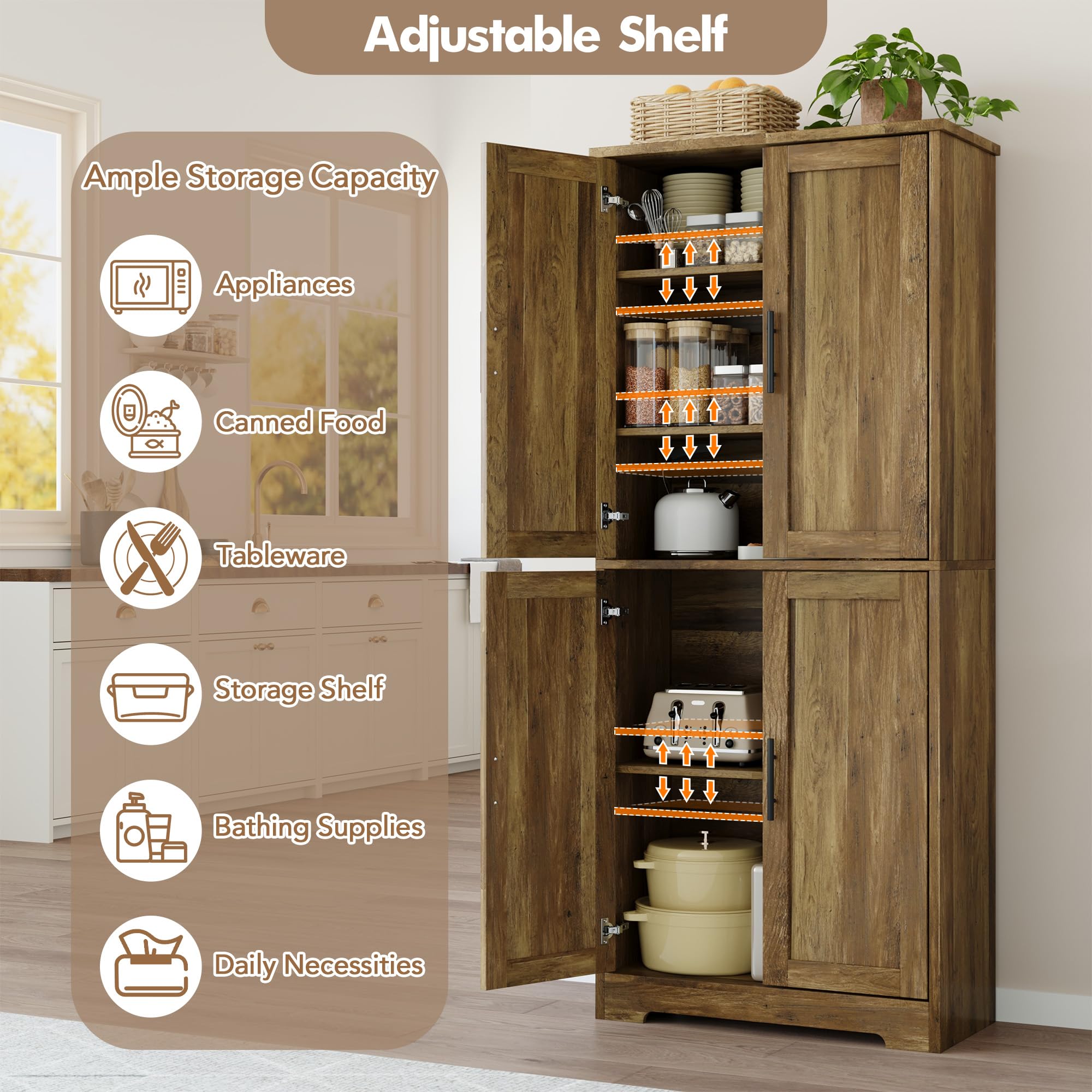 Garvee Modern Tall Pantry Cabinet – Freestanding Kitchen Storage Cupboard with 4 Doors & 3 Adjustable Shelves – Versatile for Living Room, Dining Room, Bathroom, Laundry, Utility – Barnwood Finish