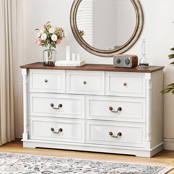 7-Drawer White Dresser with Metal Handles