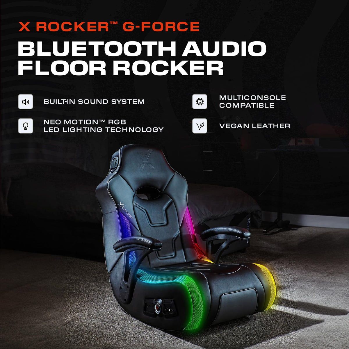 X Rocker G-Force RGB LED Video Gaming Floor Chair with Armrests, Built-in Audio via Wireless Bluetooth, Foldable, Vegan Leather, 300 lbs Max, Black, Gifts for Gamers