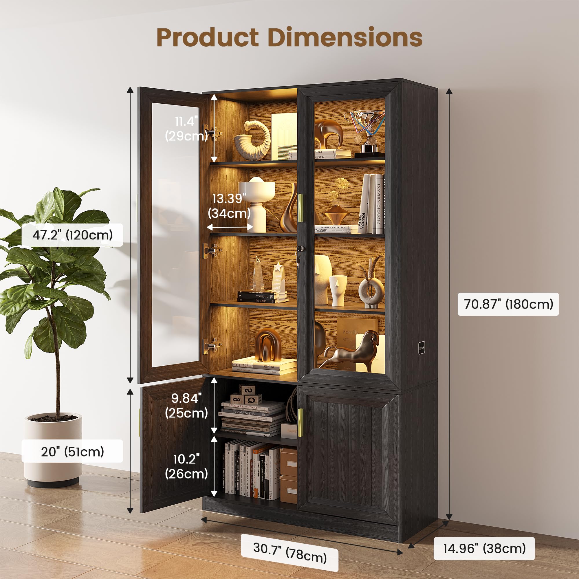 71" Glass Door Display Cabinet with LED Lights & Lock