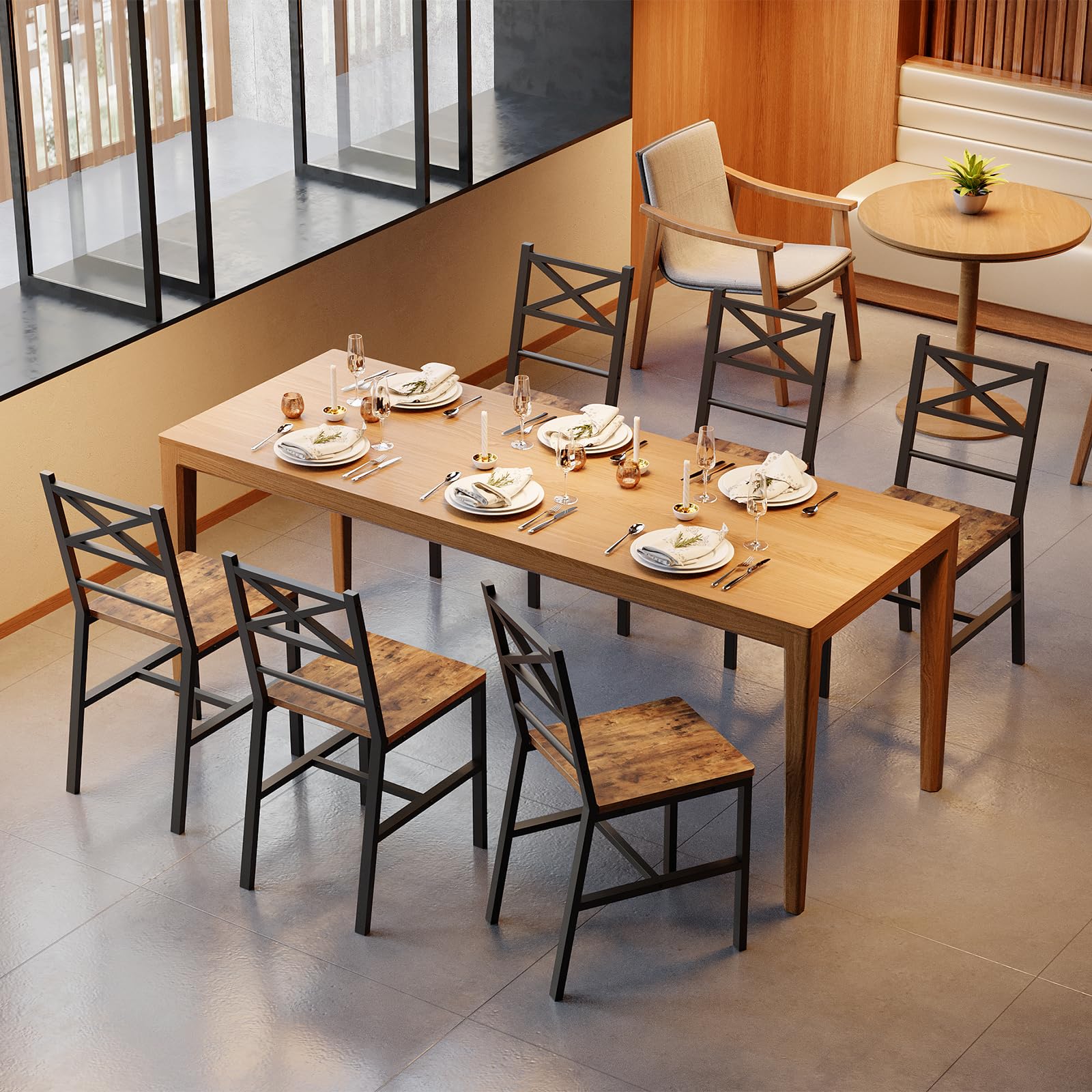 Rustic Dining Chair Set with Metal Frame