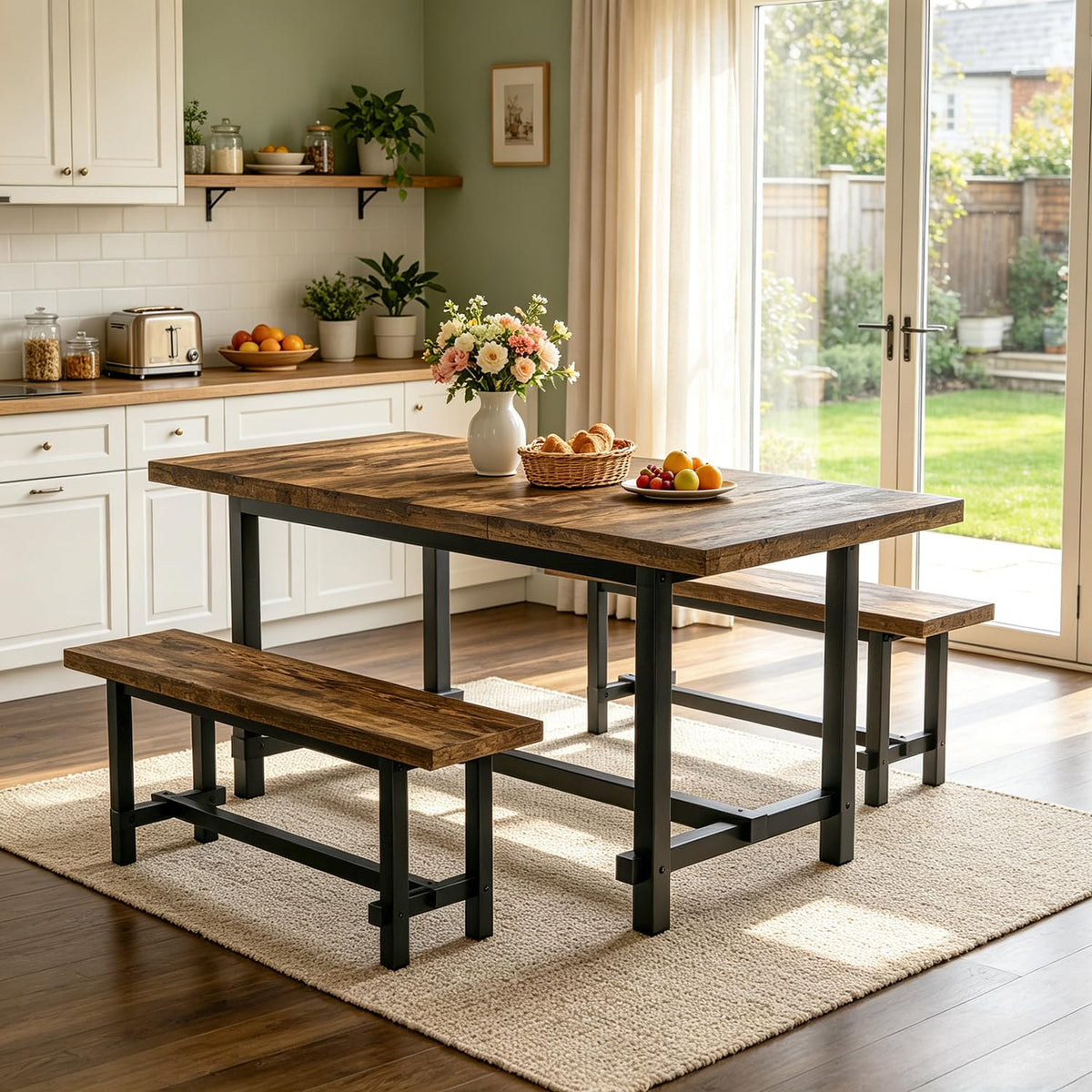 70.8" Dining Table Set with 2 Benches, Farmhouse Kitchen Table Set for 4-6