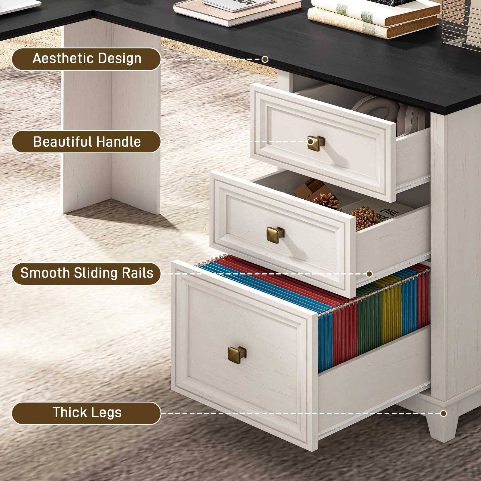 Vabches Farmhouse L Shaped Executive Desk with 6 Drawers, 59’’ Wood Home Office Desk with File Cabinet, Writing Corner Computer Desk for Home Office, Work, Study, White and Black