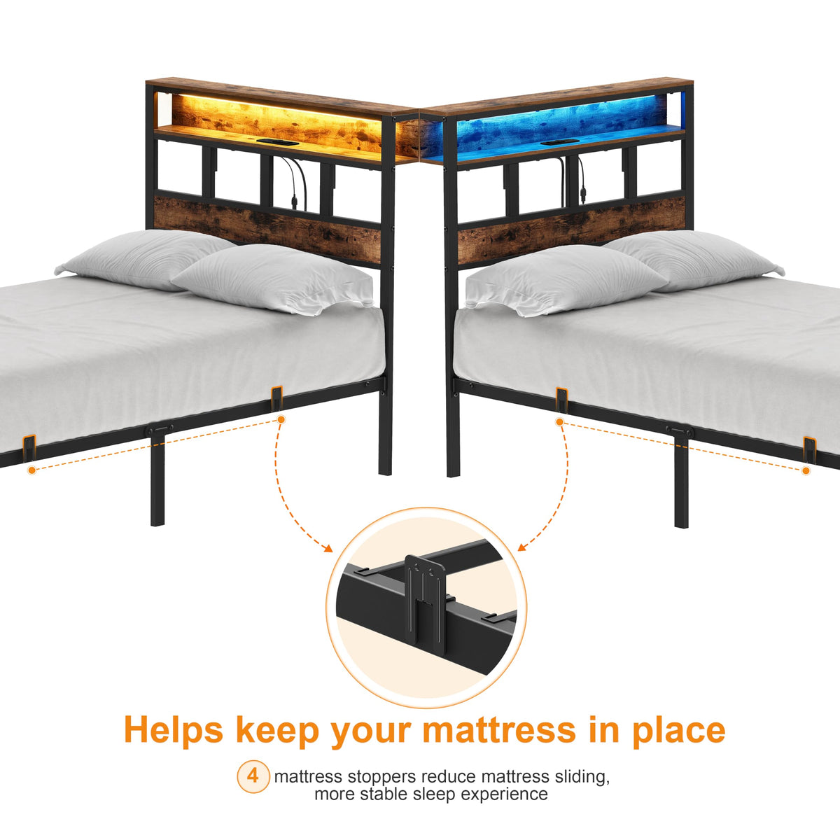 YOSEZON Twin Bed Frame with Headboard and Storage Shelf, Metal Platform Bed Frame with Charging Station, LED Lights, Noise-Reducing, No Box Spring Needed, Rustic Brown