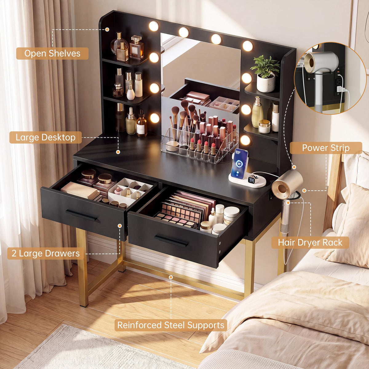 Black LED Mirror Vanity Desk
