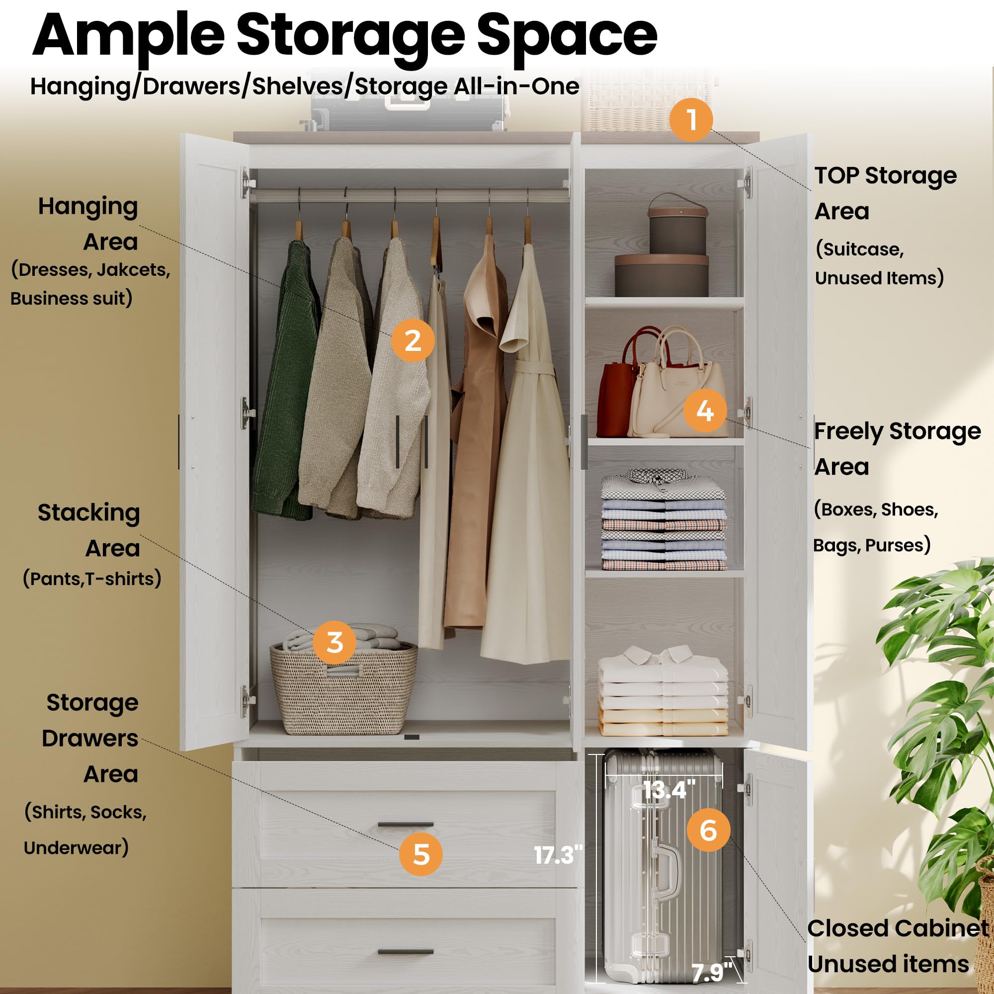 Freestanding Wardrobe Closet with Drawers & Shelves