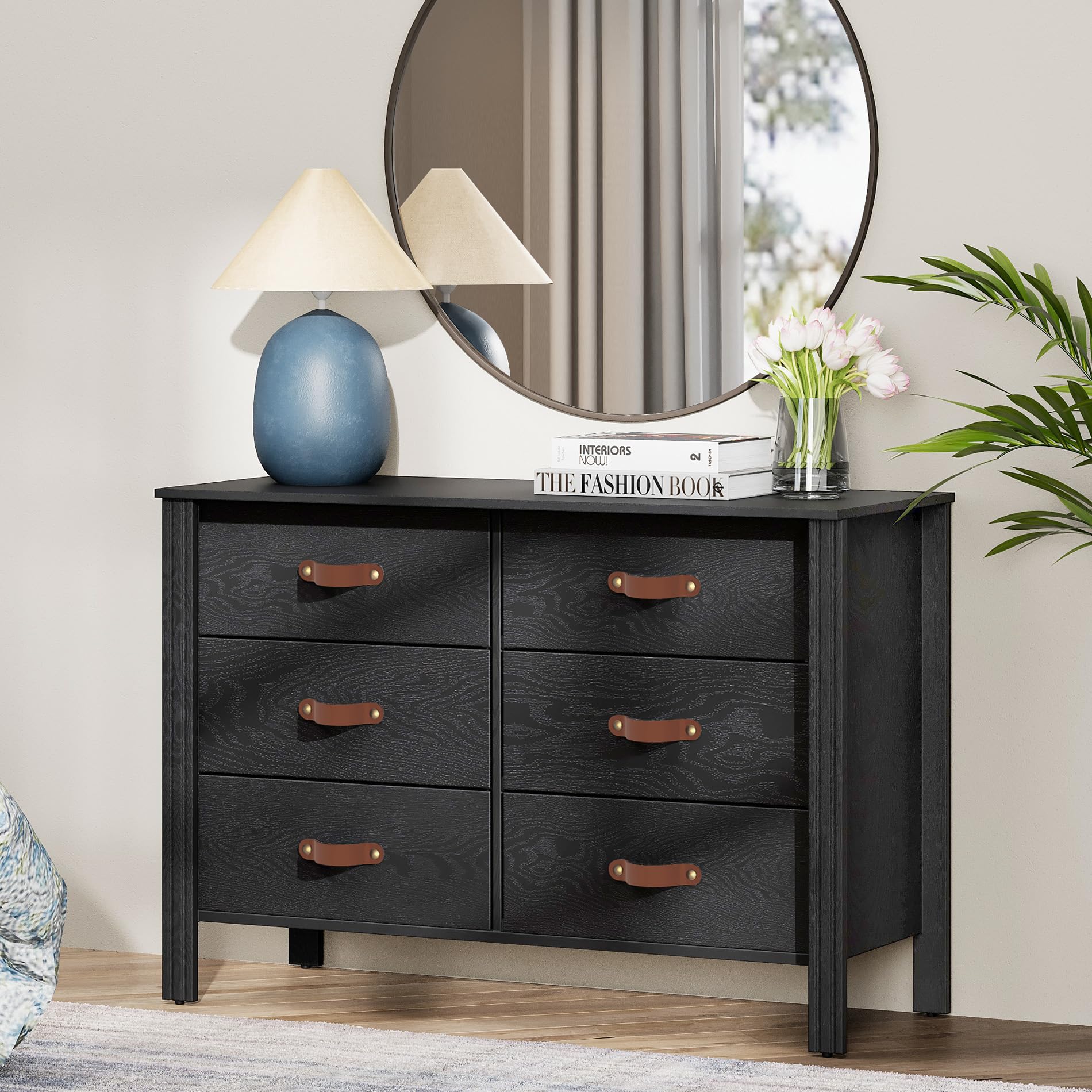 WAMPAT Black Dresser for Bedroom, Long Wide Dresser with 12 Drawers, Kids Dressers & Chests of Drawers, Set of 2 Classic Wooden Storage Cabinet Organizer for Closet, Living Room, Hallway