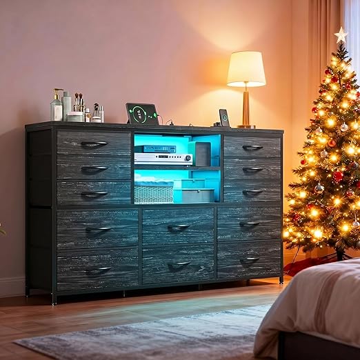12-Drawer Dresser with LED Lights & TV Stand
