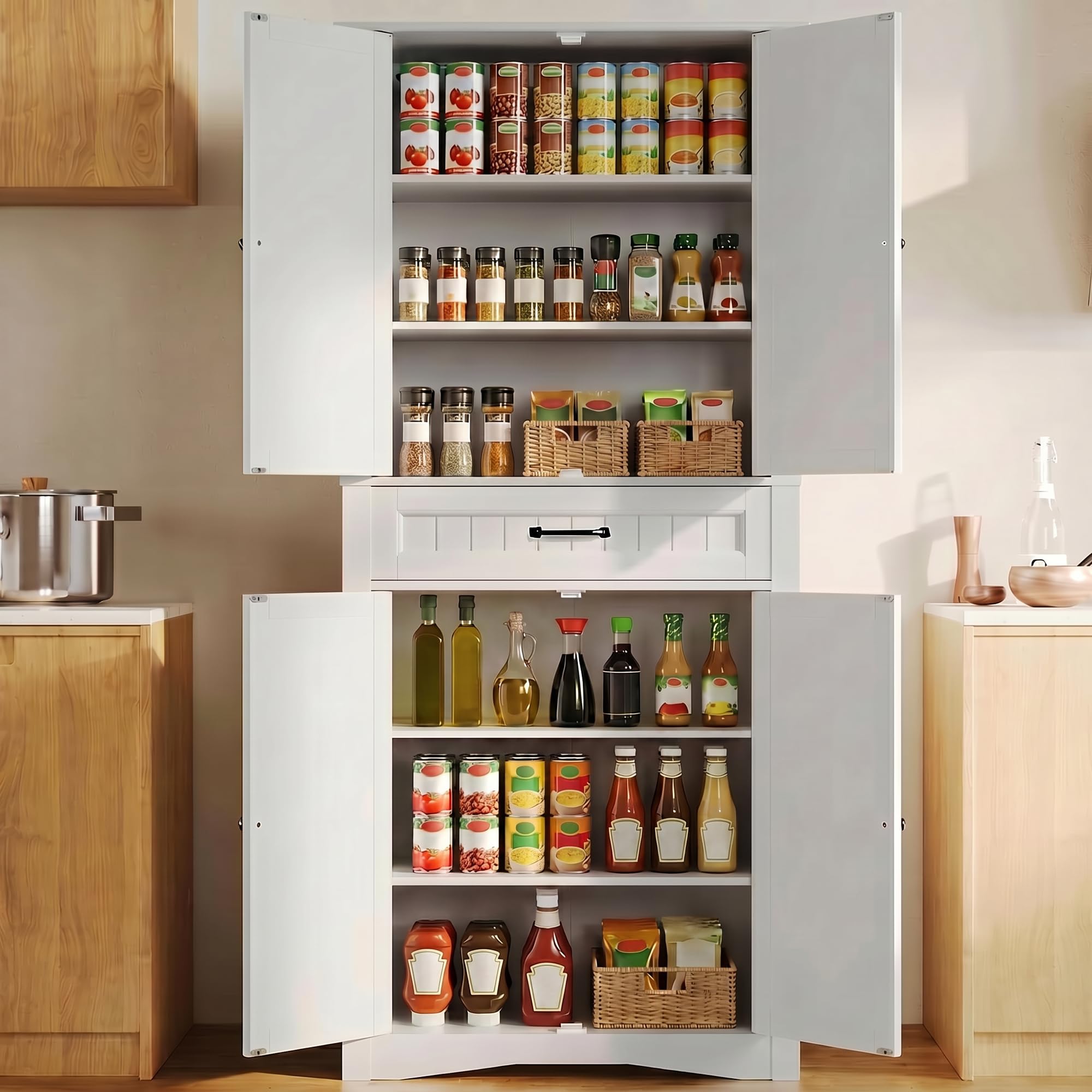 Gizoon 71'' Kitchen Pantry Storage Cabinet, Freestanding Pantry Organizers and Storage Cabinet with 4 Doors and 4 Adjustable Shelves, Tall Cabinet with Large Drawer for Kitchen, Living Room, Bathroom