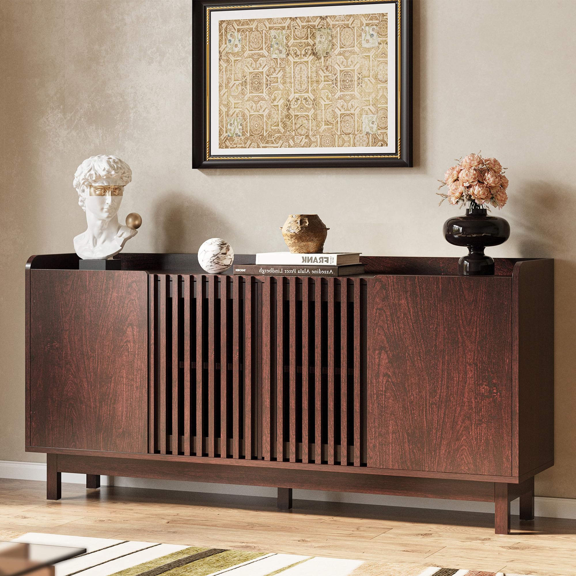 IRONCK 63" Storage Cabinet, Buffet Cabinet with Grille Doors and 2 Adjustable Shelves, Mid Century Sideboard for Kitchen, Dining Room, Entryway（Natural Red Walnut）