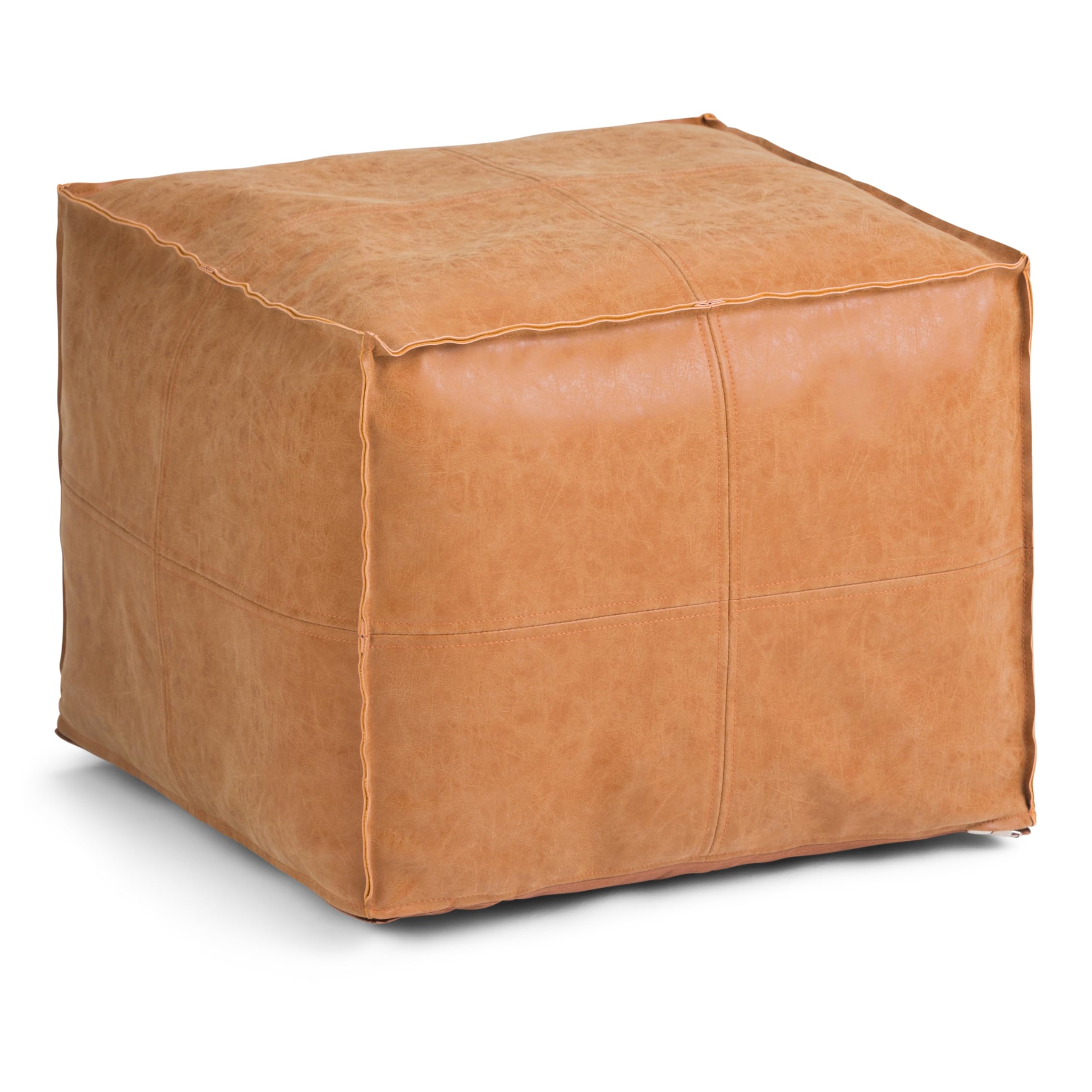 SIMPLIHOME Brody Square Pouf - 18" Wide x 14" High Upholstered Vegan Leather Ottoman in Distressed Brown, Boho Footstool, Coffee Table or Extra Seating for Living Room or Bedroom, Assembled