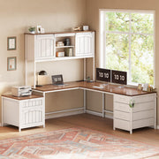 SEDETA Reversible Farmhouse L Shaped Office Desk with 6 Drawer, Hutch