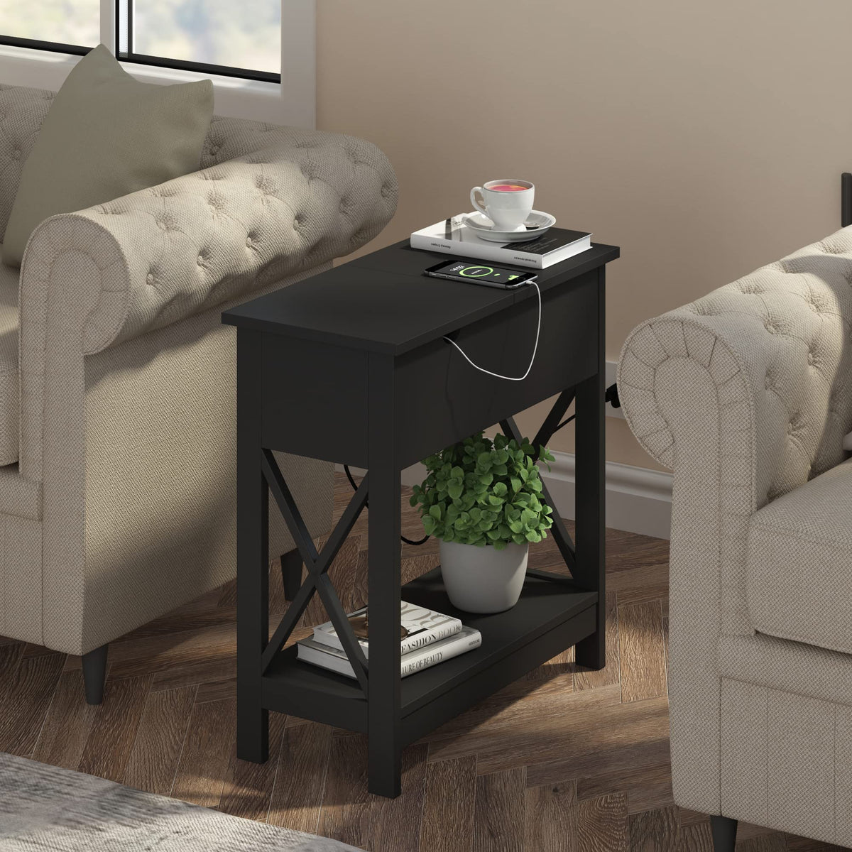 ChooChoo End Tables Living Room Set of 2, Side Table with Charging Station