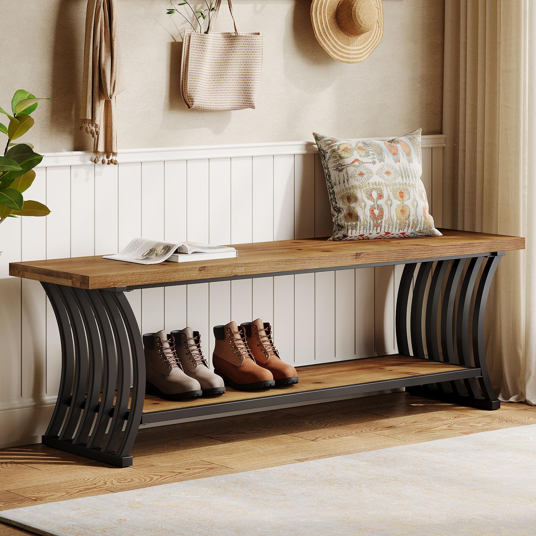 Industrial Entryway Bench with Shelf