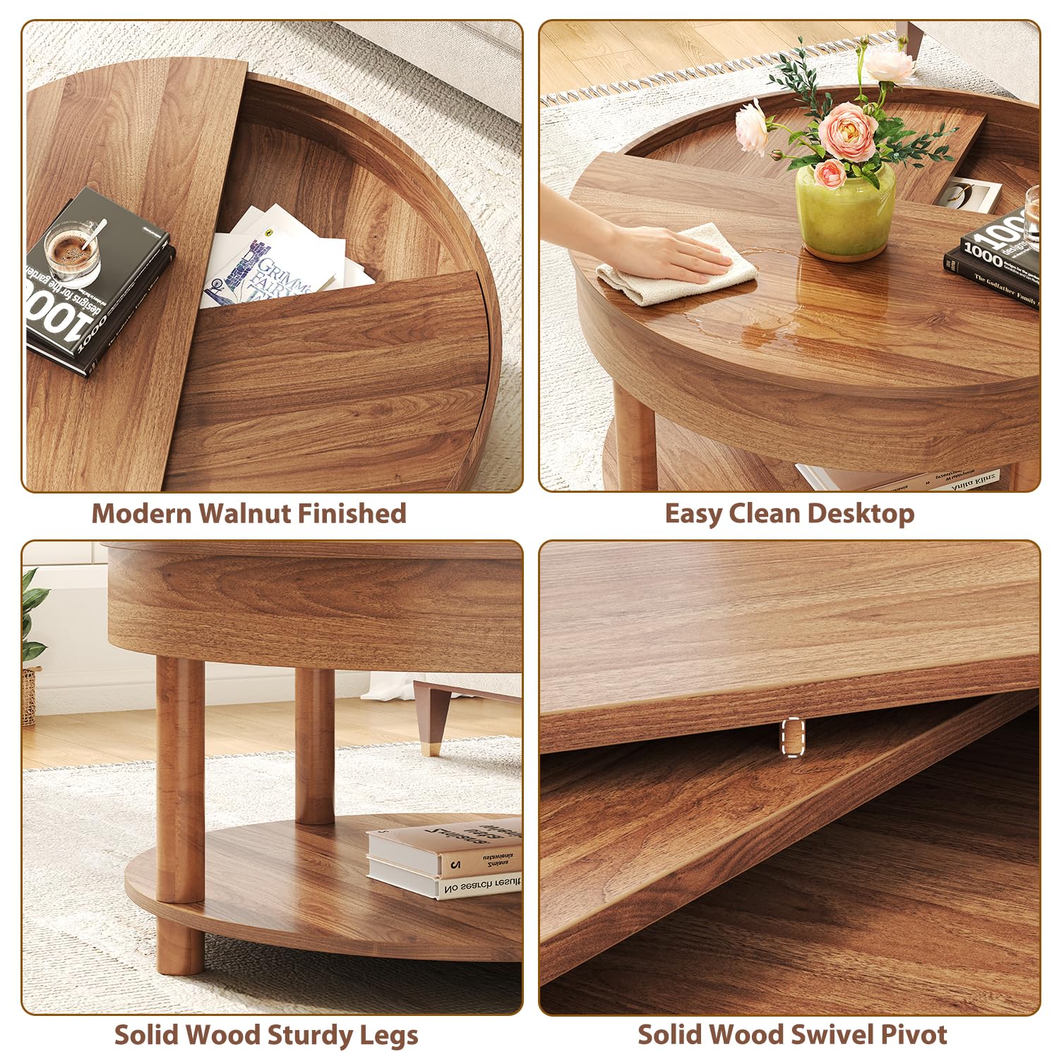 HSH Round Coffee Table, Modern Living Room Table with 2-Tier Storage, 360°Rotating Desktop, Removable Tray, Wood Circle Center Cocktail Table for Living Room, Bedroom, Office, Walnut, 30.63 Inch