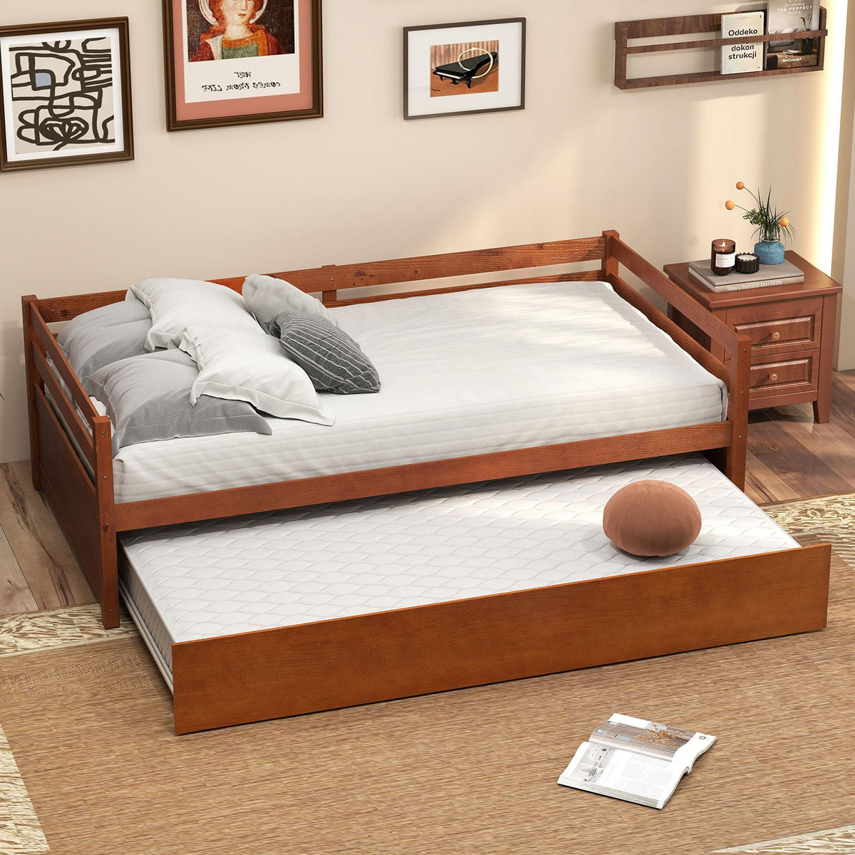 GIANTEX Twin Daybed with Trundle, Wood Trundle Bed with Wood Slat Support, Mid Century Day Bed Frame for Living Room Guest Room, No Box Spring Needed, Walnut