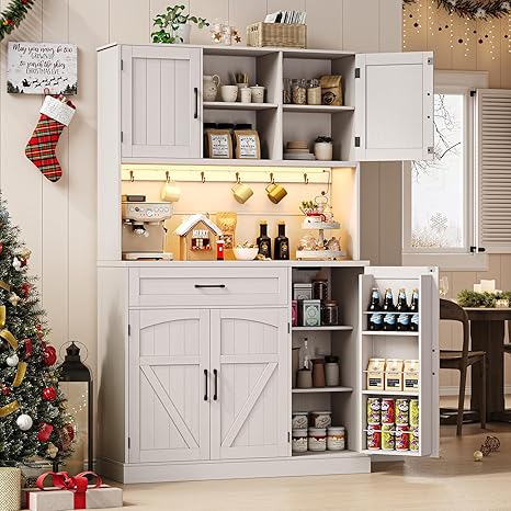 71" Kitchen Pantry Cabinet with LED Light & Outlet