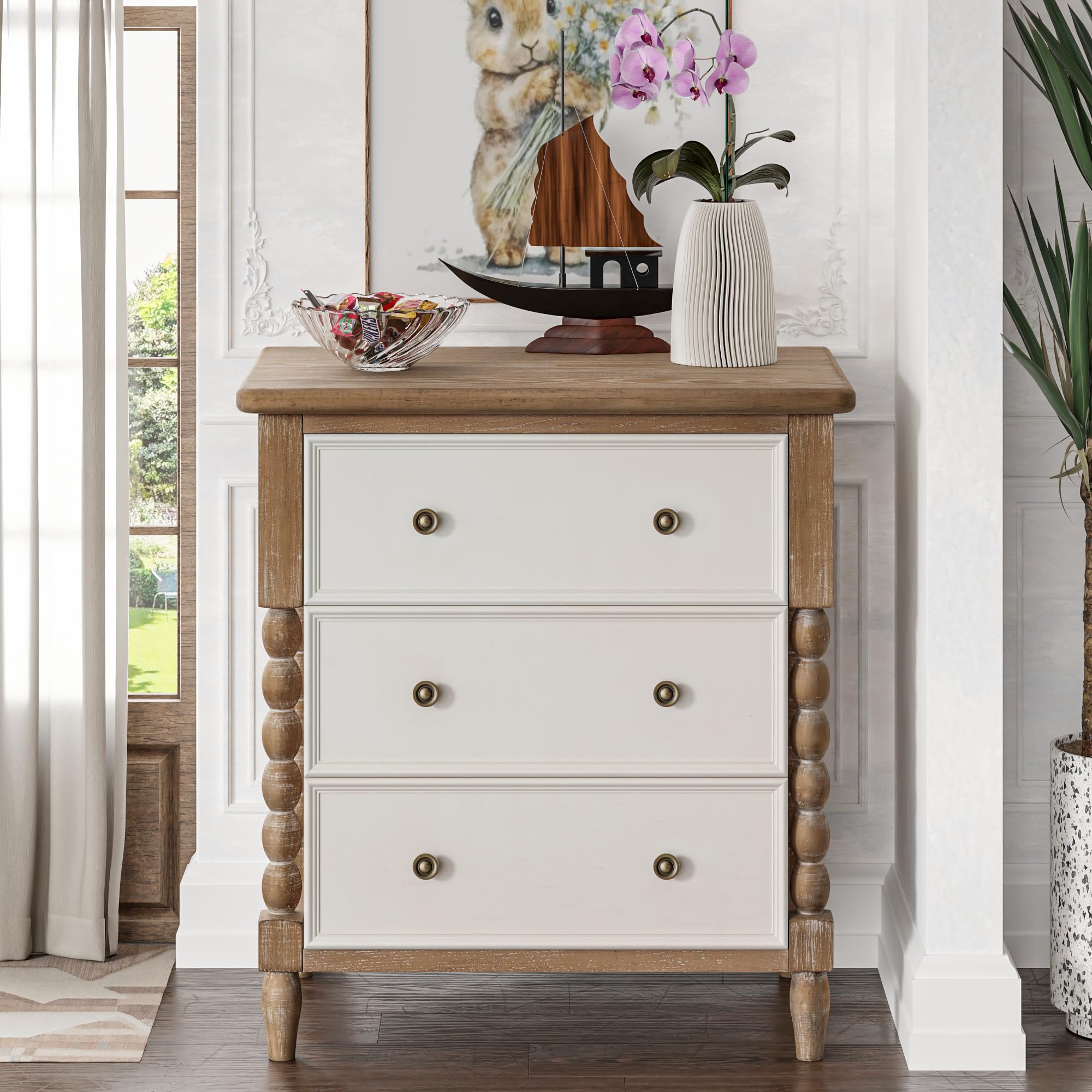 COZAYH Farmhouse 3-Drawer Dresser, Rustic Wood Chest with Turned Legs, Vintage Nightstand Storage Cabinet for Bedroom, Distressed Natural & White Finish, Almost Fully Assembled