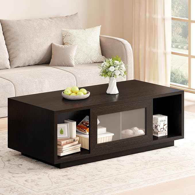 Rectangular Coffee Table with Sliding Door Storage