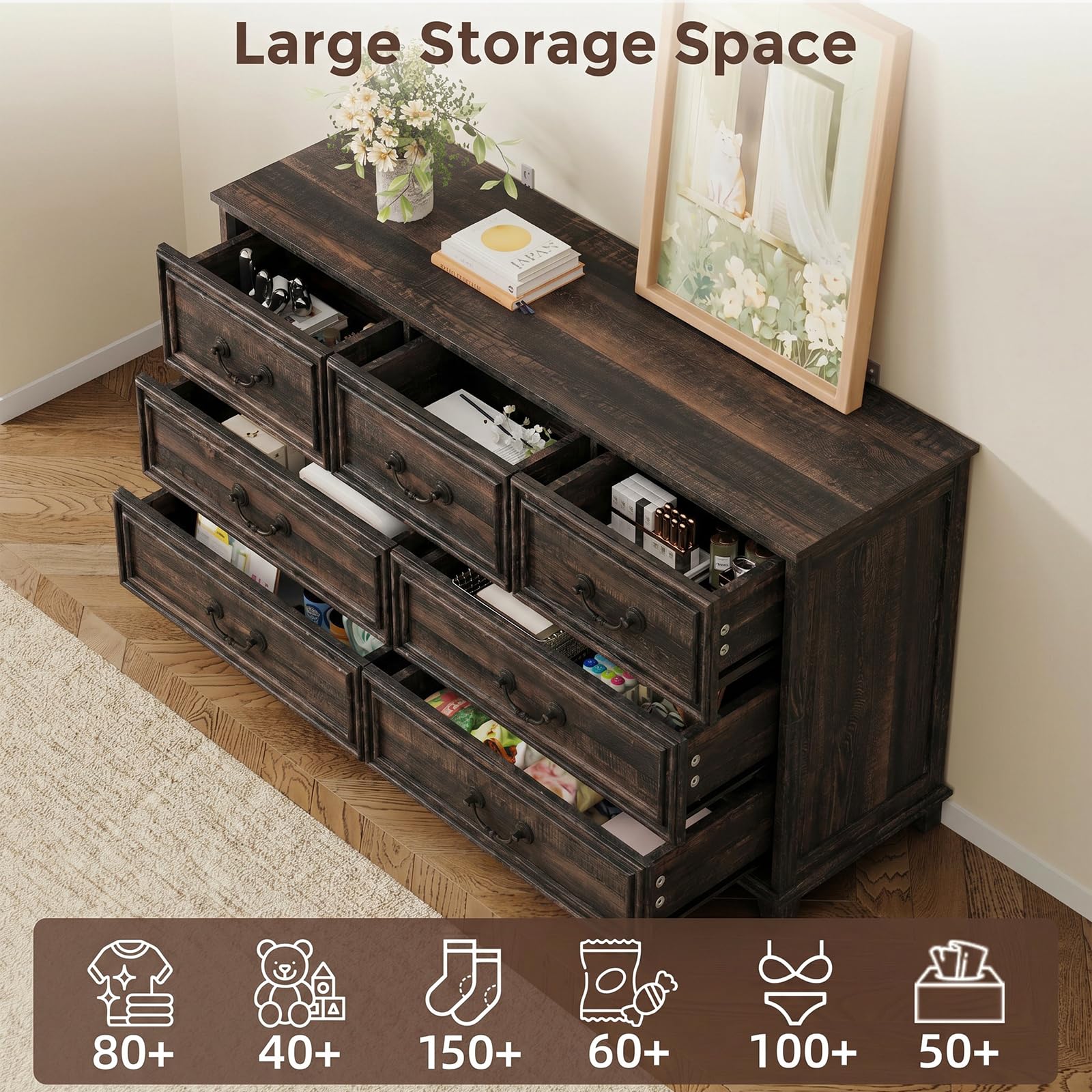Farmhouse 7 Drawer Dresser in Black, Wide Chest with Rustic Wood Top, Large Storage Organizer for Bedroom, Living Room, Hallway, or Nursery, Sturdy Black Hardware, Modern Rustic Furniture Accent
