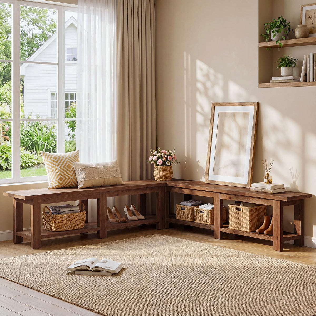TRIBEWOOD 70.9" Solid Wood Entryway Shoe Bench, Extra Long Wooden Bench