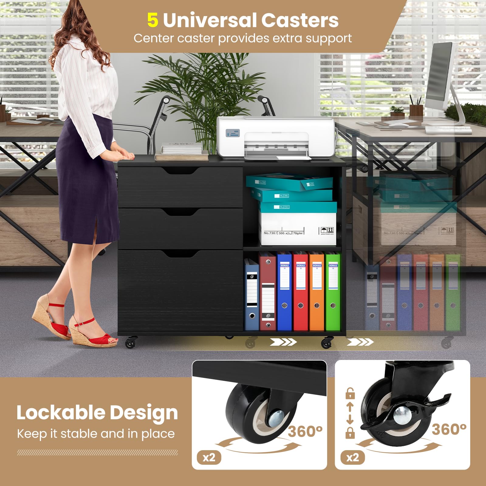 3-Drawer Rolling File Cabinet with Adjustable Shelf