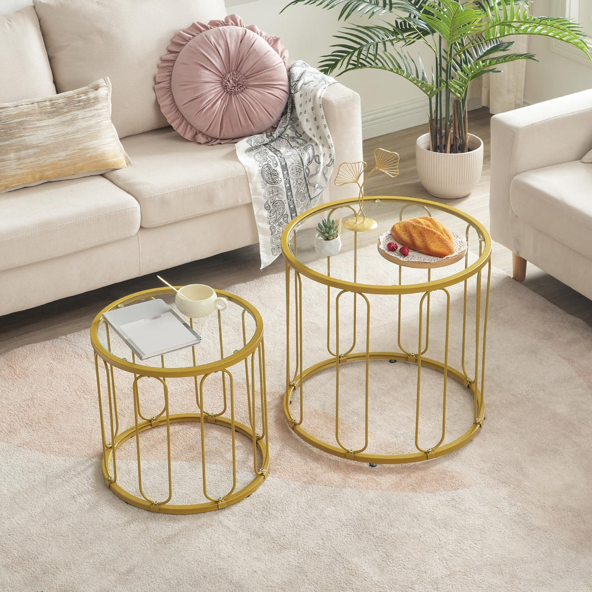 HOOBRO Small Coffee Table Set of 2, Gold Accent End Table with Metal Frame