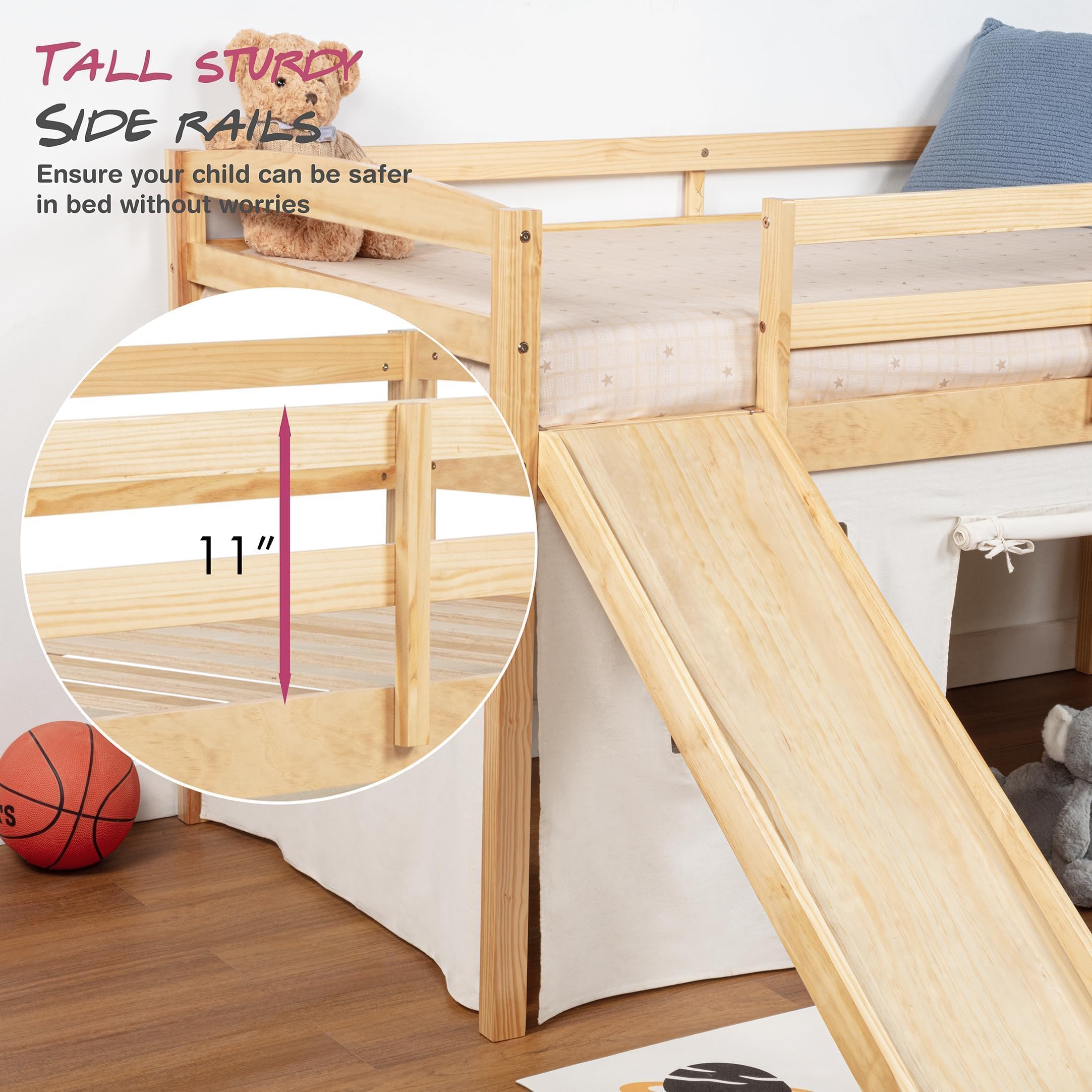 Kids Loft Bed with Slide & Tent