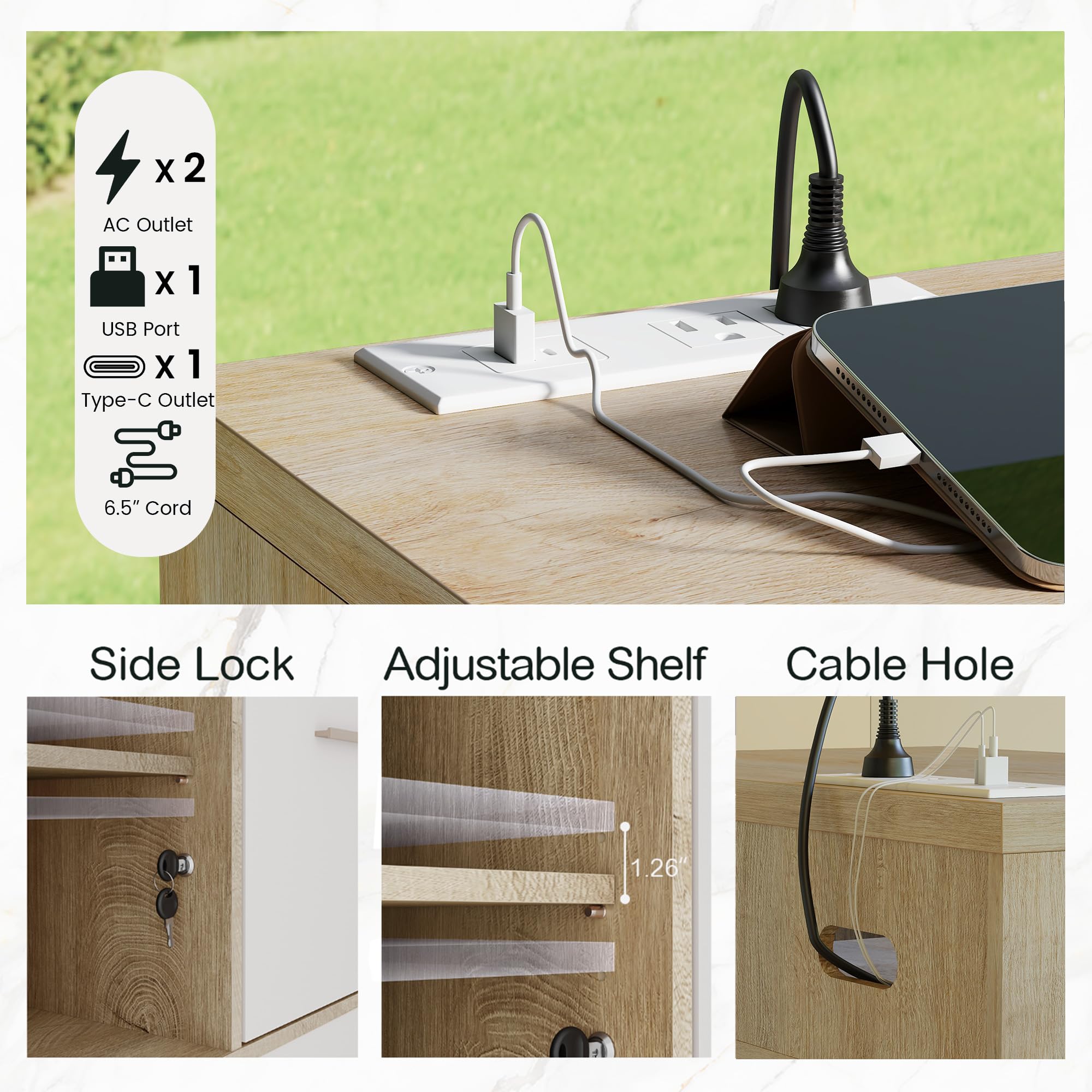 2-Drawer Wood File Cabinet with Lock & Power Outlets