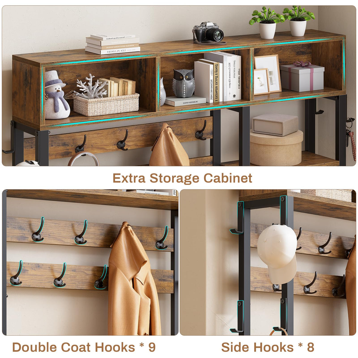 Itaar Hall Tree with Bench and Shoe Storage, 7-in-1 Entryway Bench with Coat Rack, 3 Storage Cubbies, 3 Open Shelves, 17 Coat Hooks, 2 Fabric Drawers (Rustic Brown)