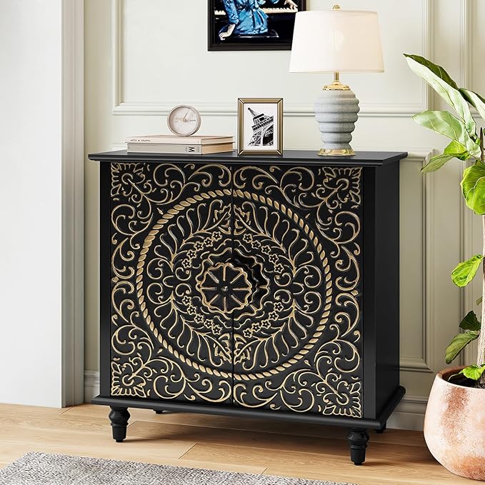 Accent Cabinet with Carved Flower Pattern Doors