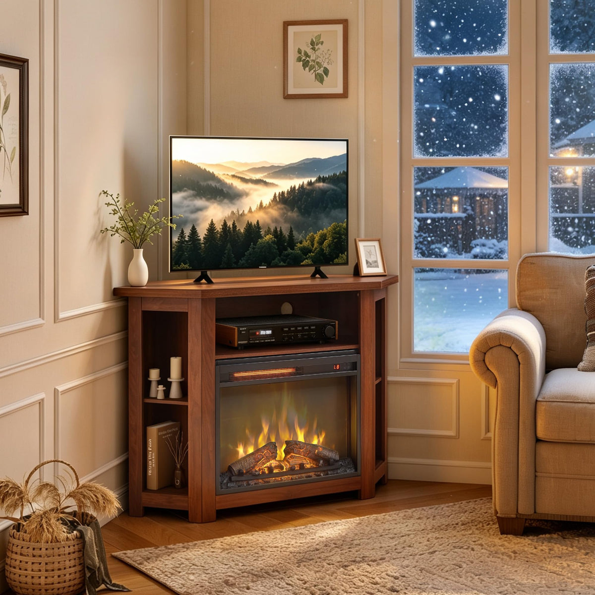 Corner Fireplace TV Stand, TVs up to 50", 44" Electric Fireplace (Walnut)