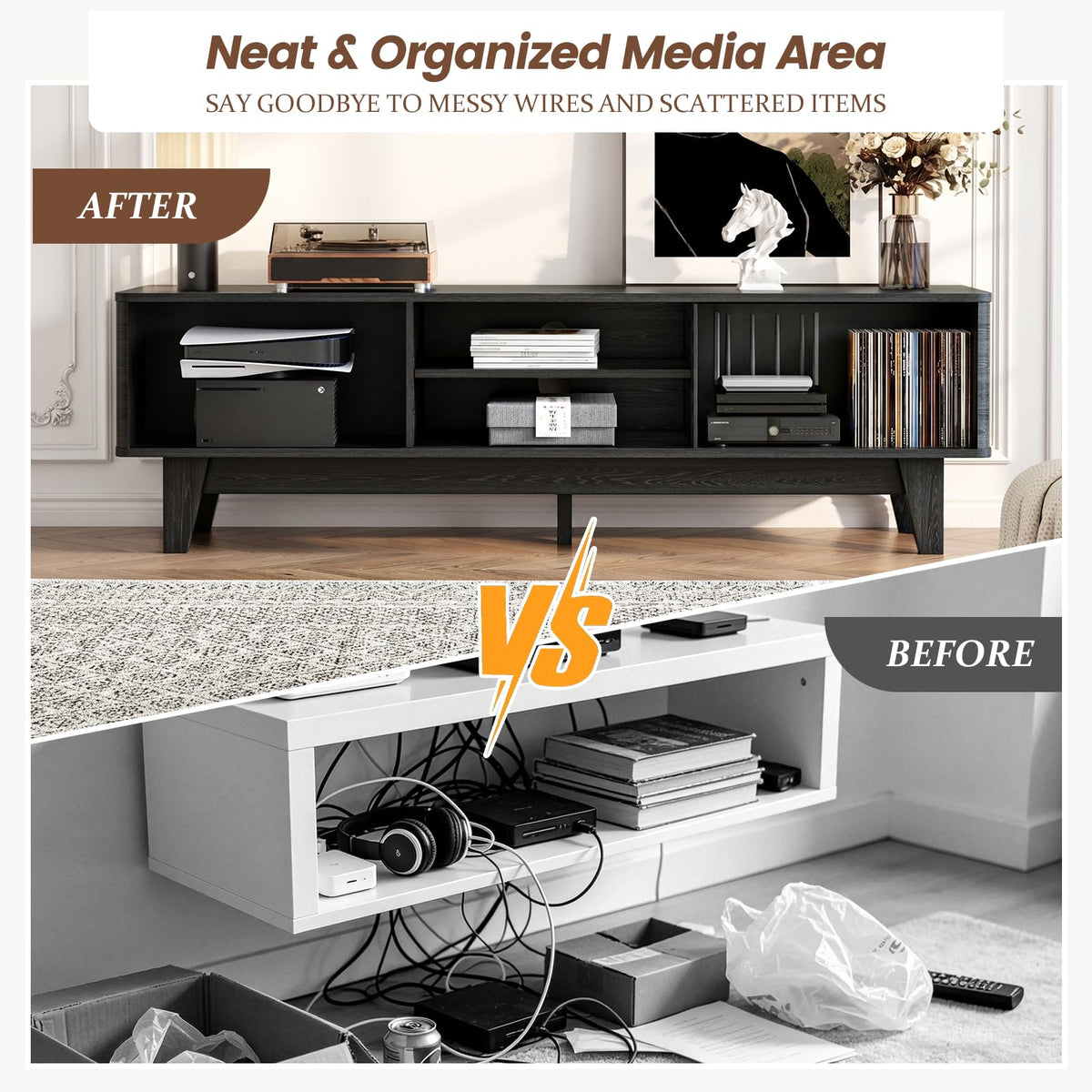 Luoxiao TV Stand with Storage, 59" Modern Black Wood Entertainment Center