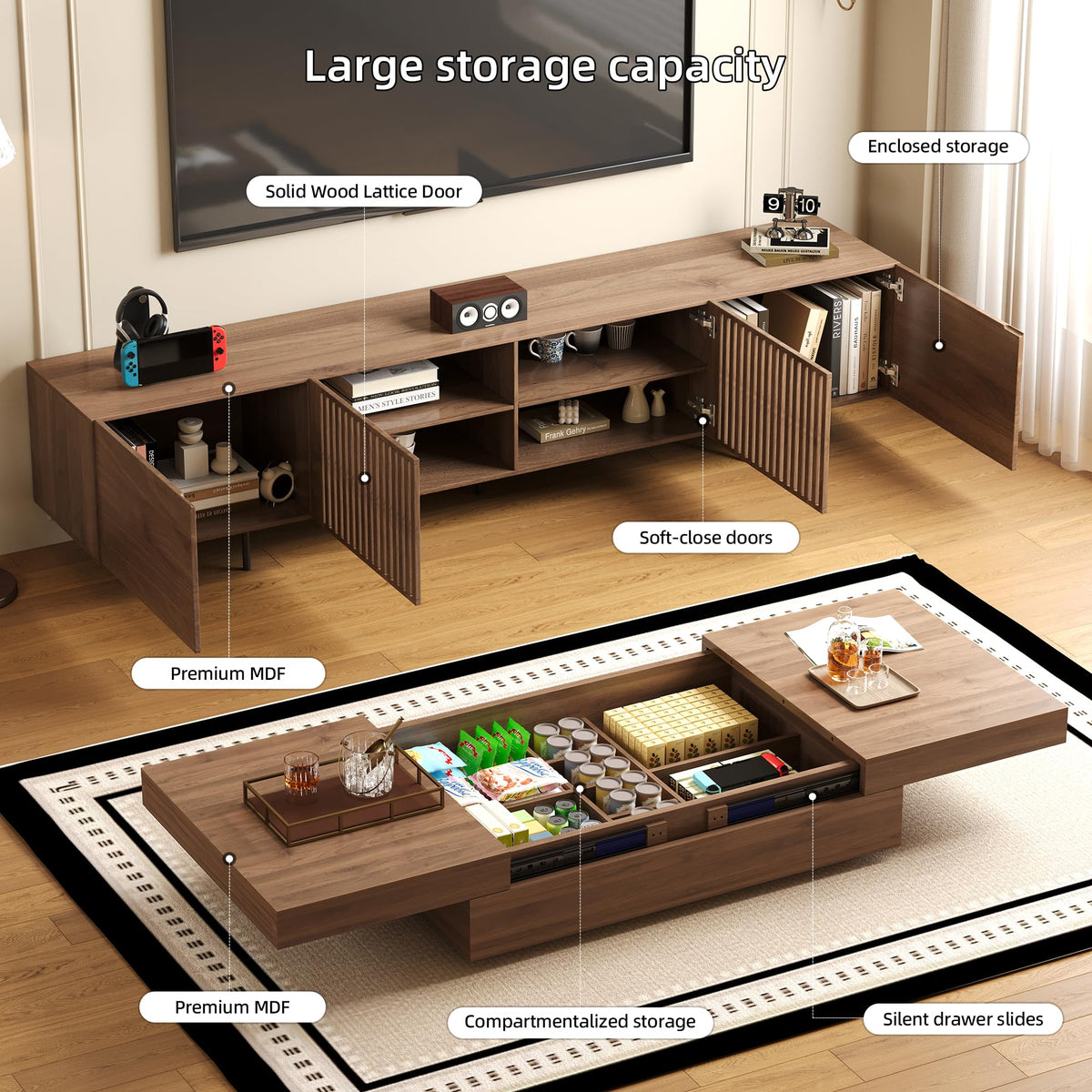 NessCarsti Mid-Century Modern TV Stand and Expandable Coffee Table Set